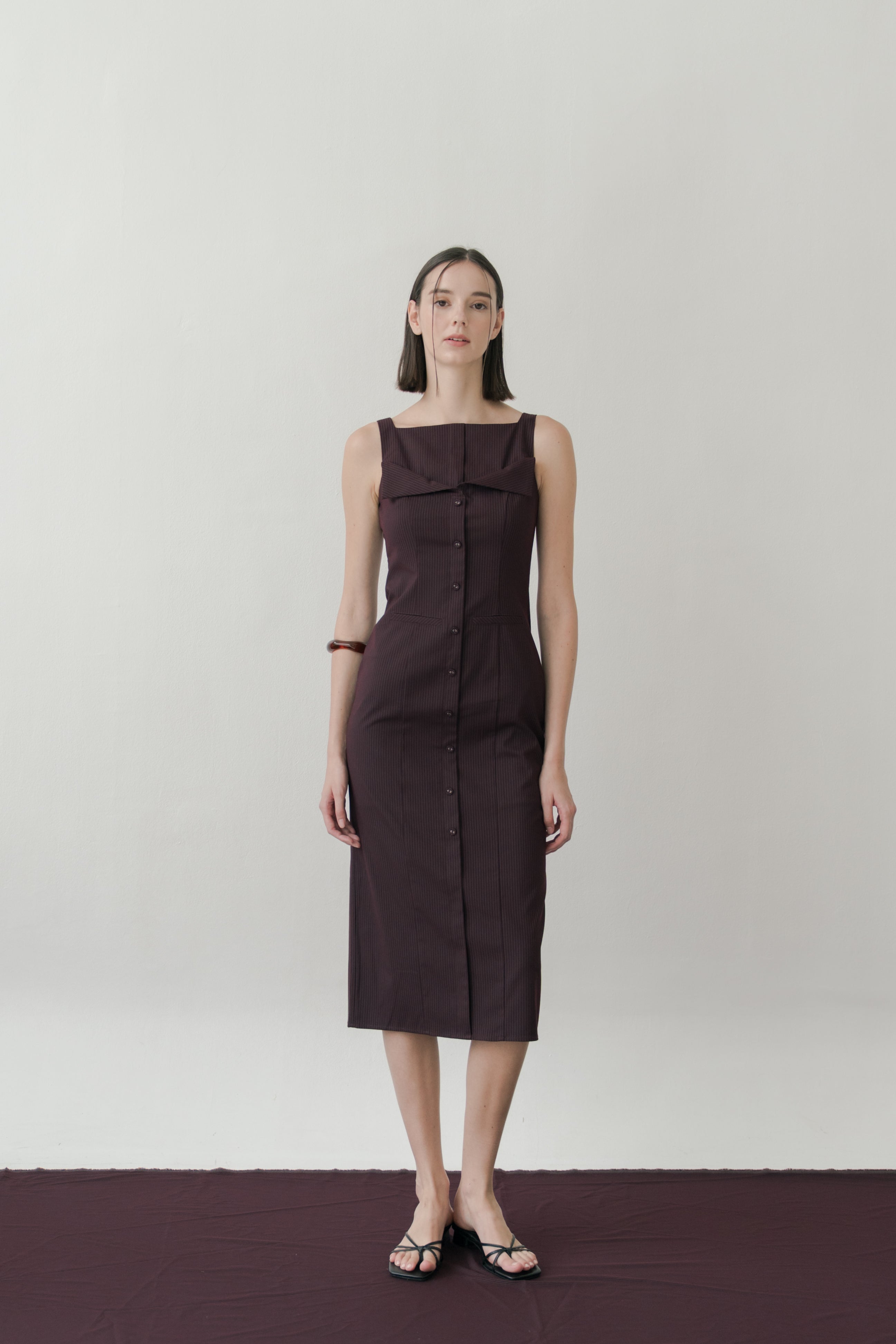 Foldover Panel Midi Dress in Pinstripe Mulberry