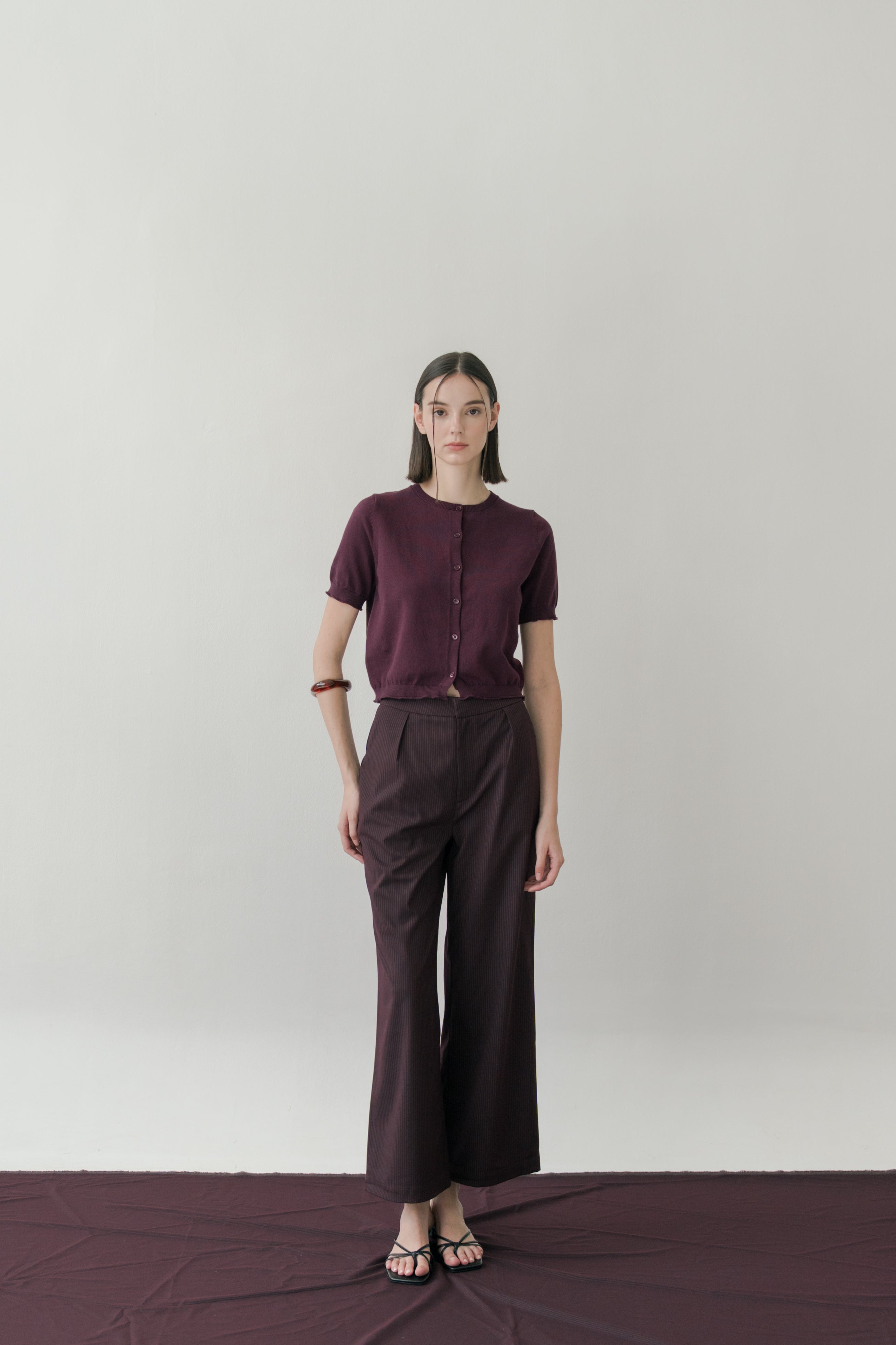 Short Sleeve Button Up Cardigan in Mulberry