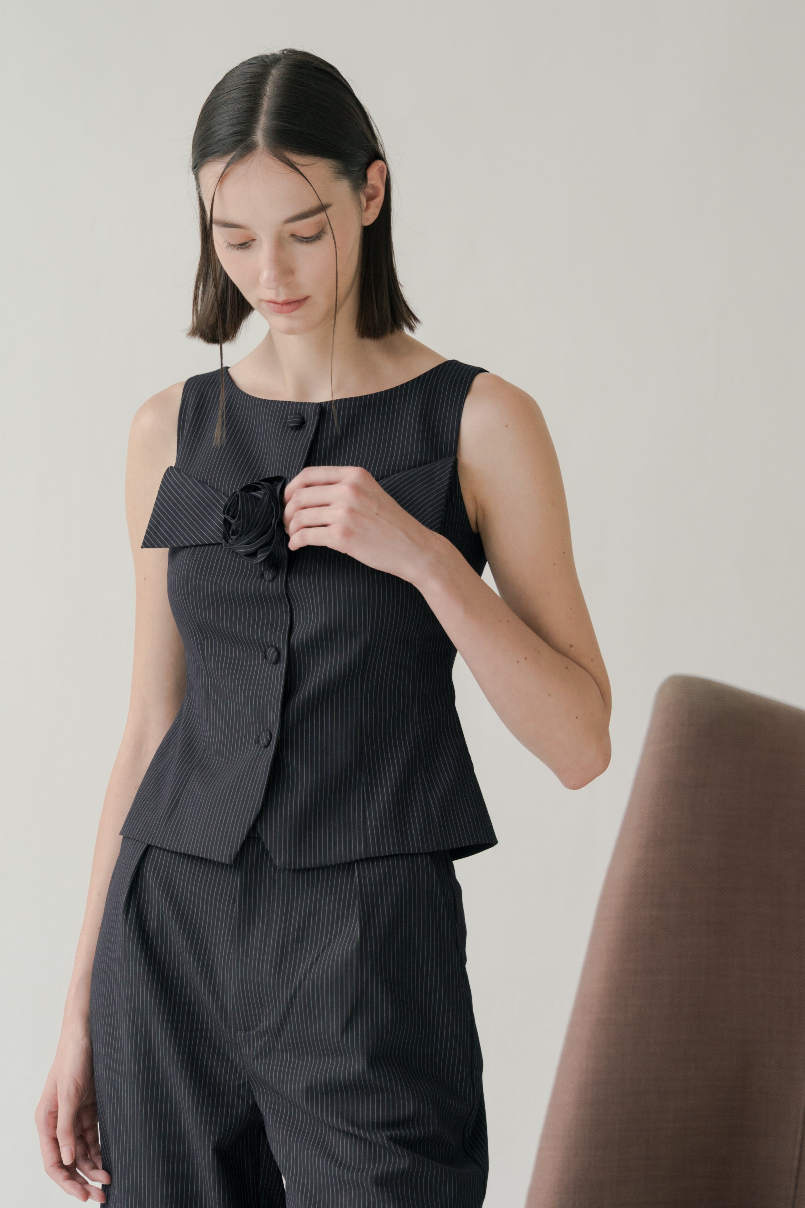 Foldover Panel Vest Top With Detachable Floral in Pinstripe Navy
