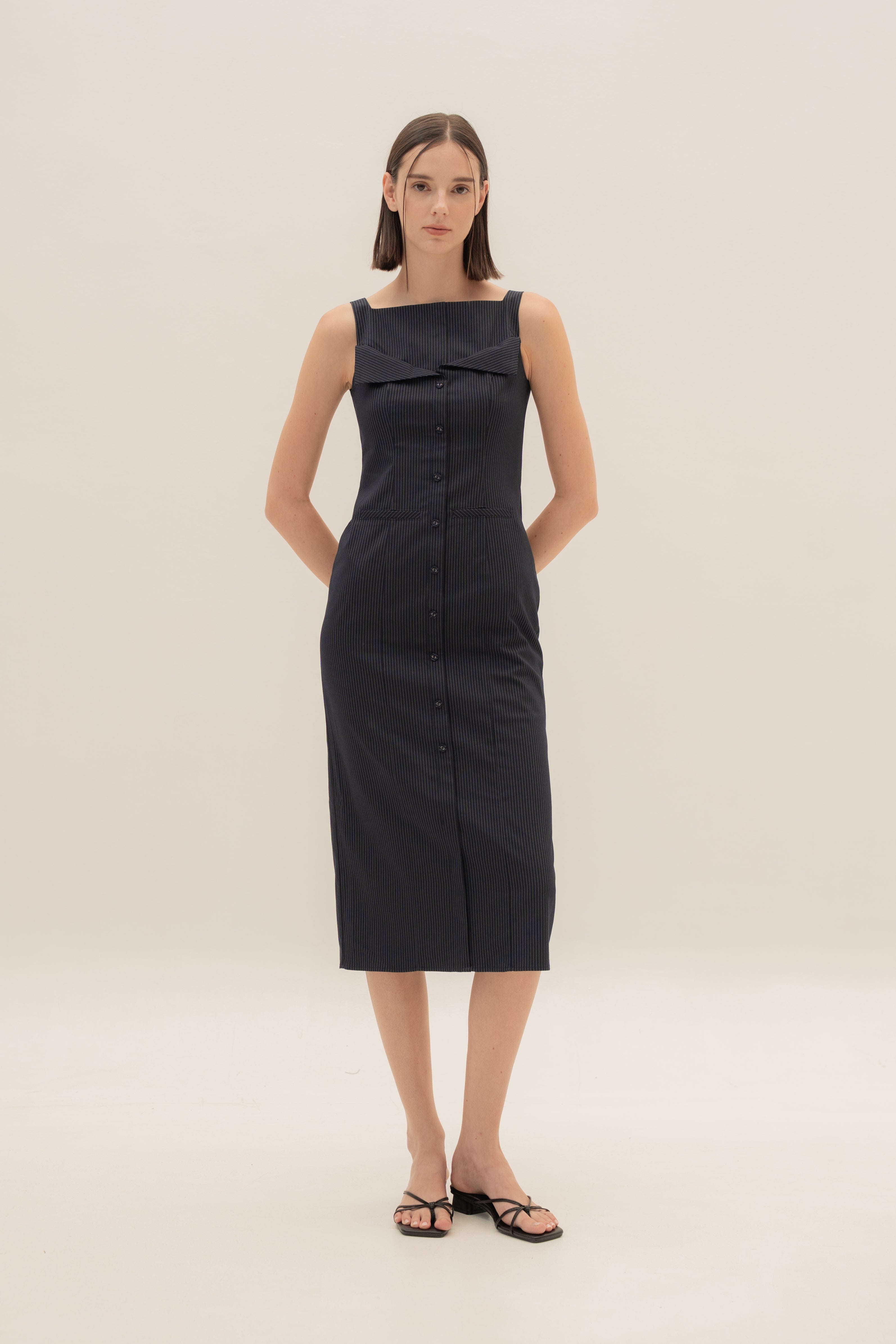 Foldover Panel Midi Dress in Pinstripe Navy