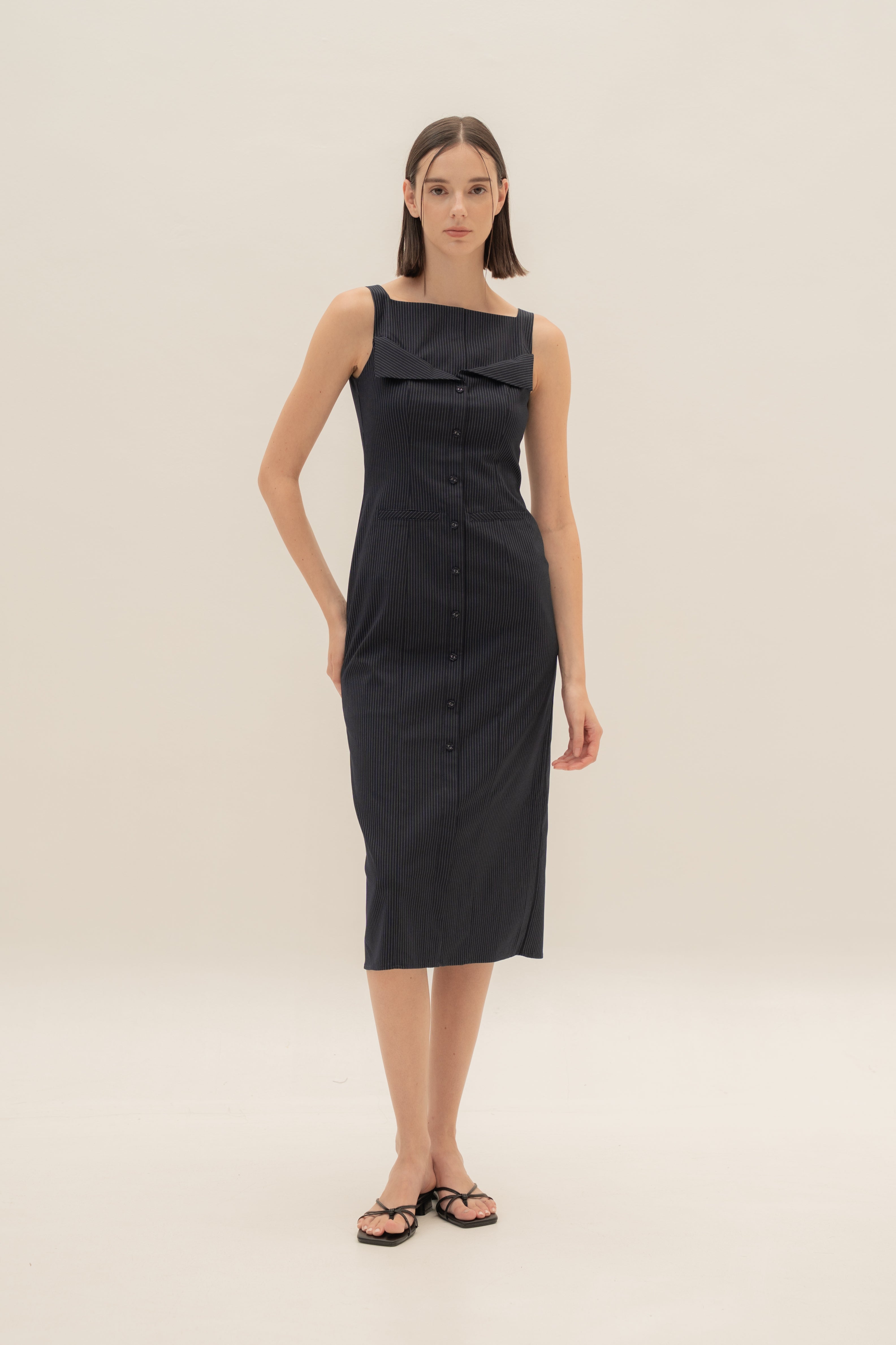 Foldover Panel Midi Dress in Pinstripe Navy