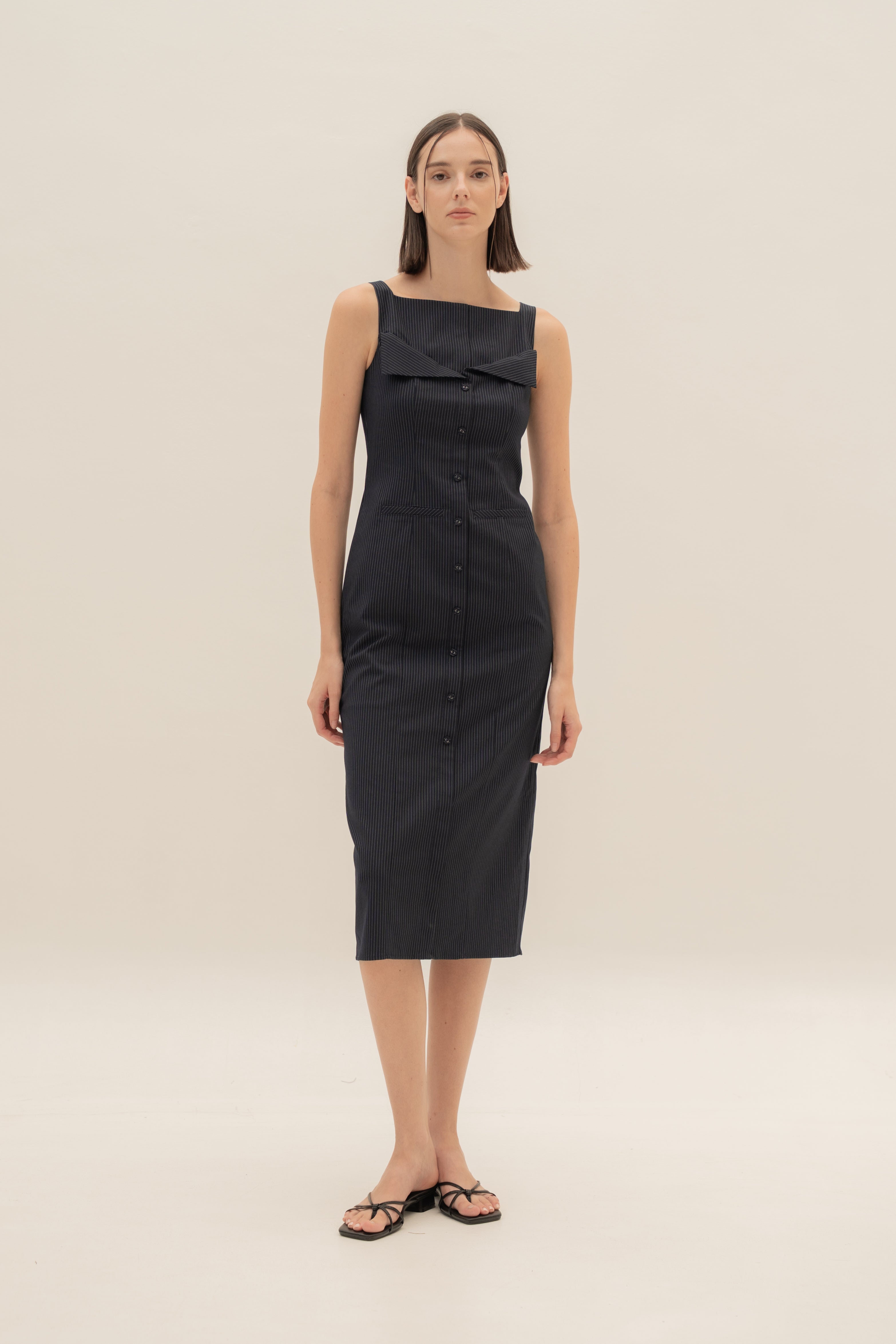 Foldover Panel Midi Dress in Pinstripe Navy