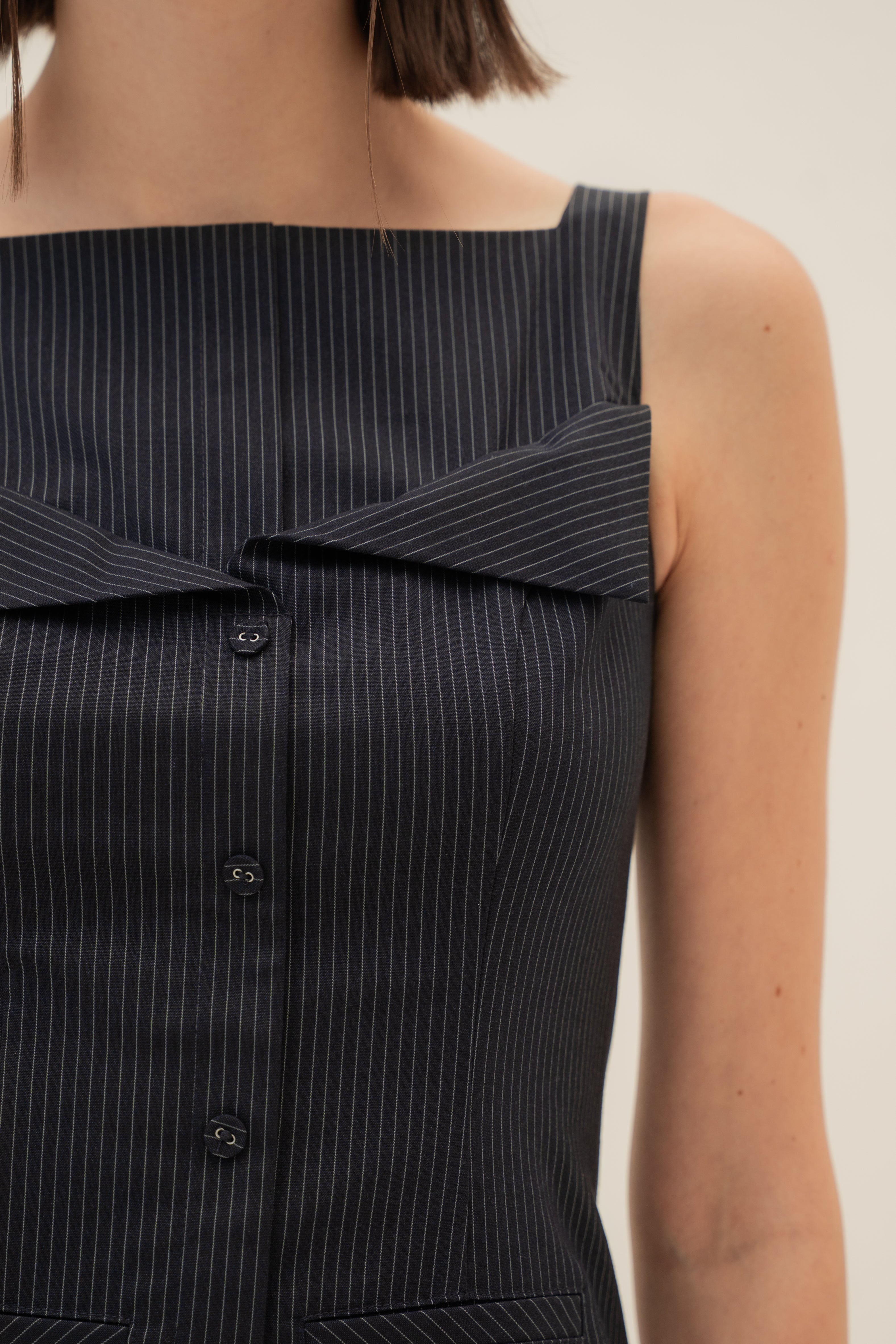 Foldover Panel Midi Dress in Pinstripe Navy