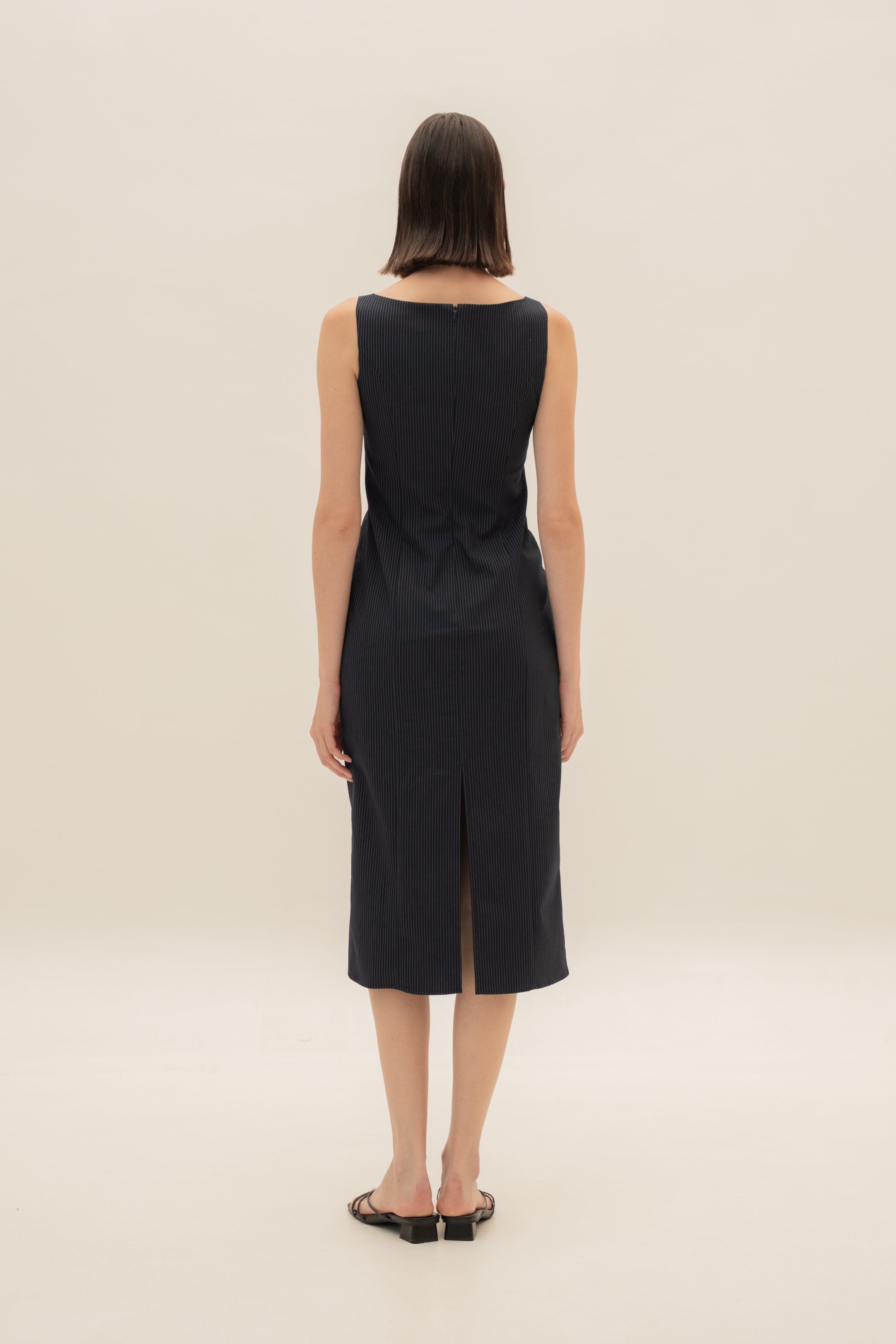 Foldover Panel Midi Dress in Pinstripe Navy