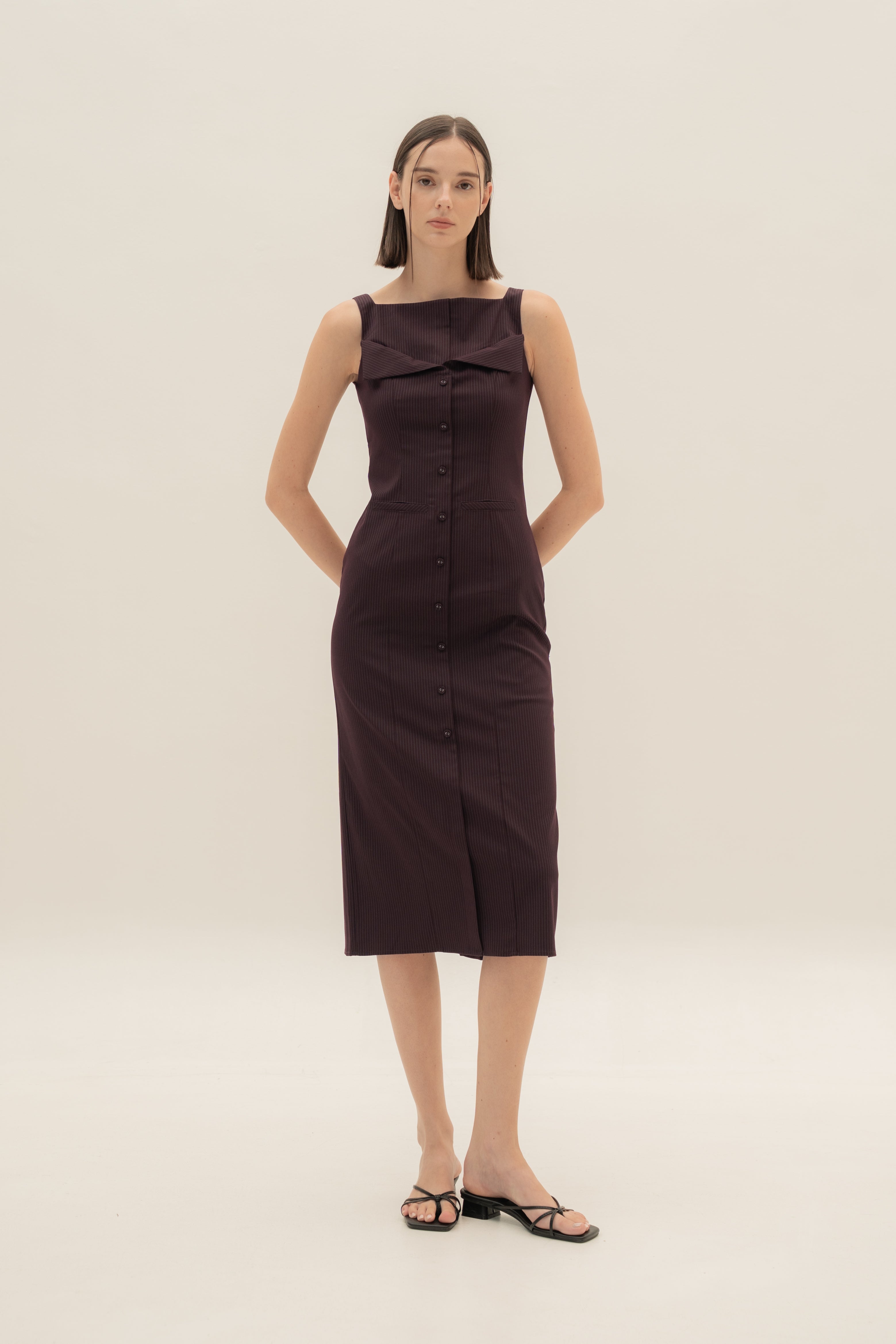 Foldover Panel Midi Dress in Pinstripe Mulberry