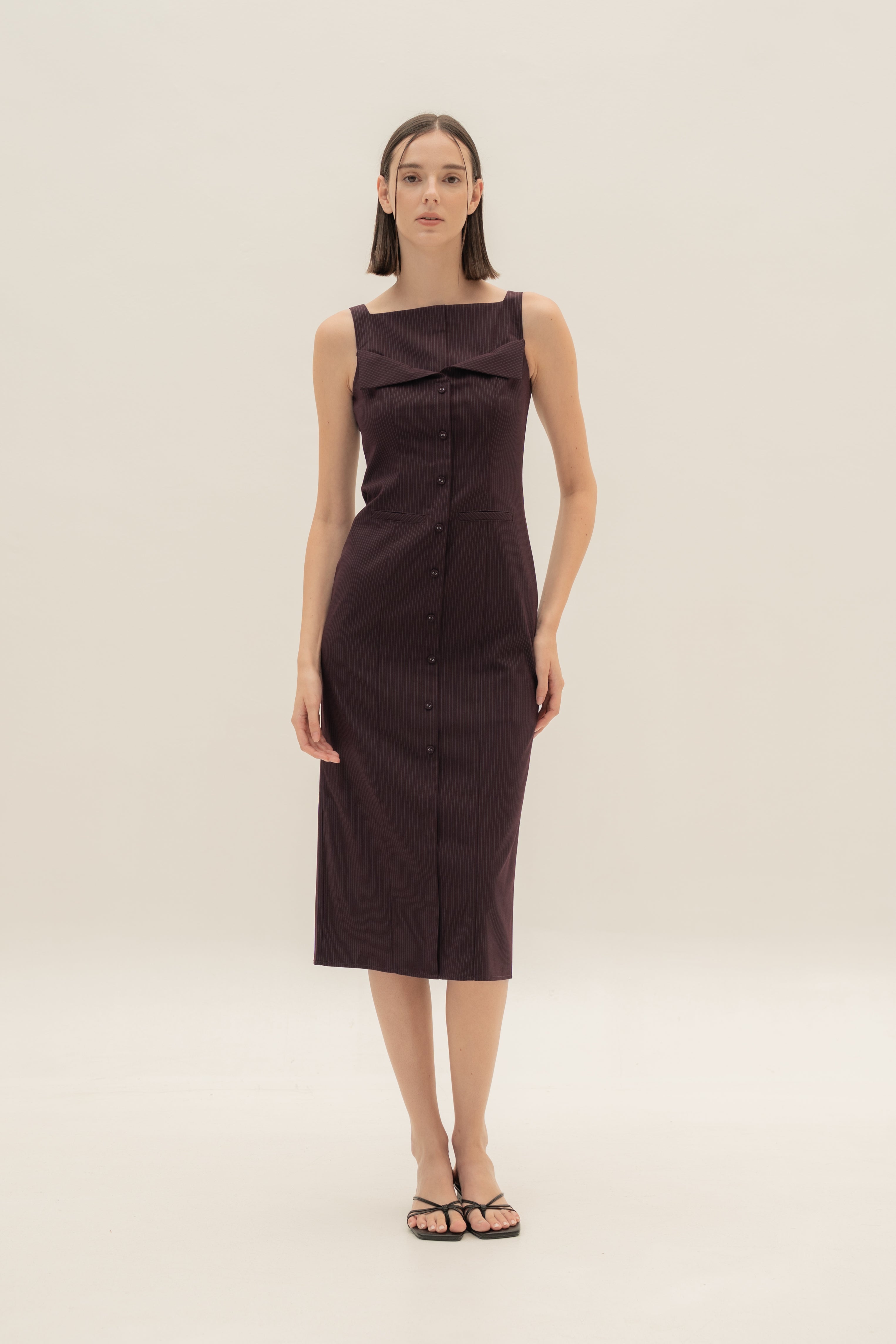 Foldover Panel Midi Dress in Pinstripe Mulberry