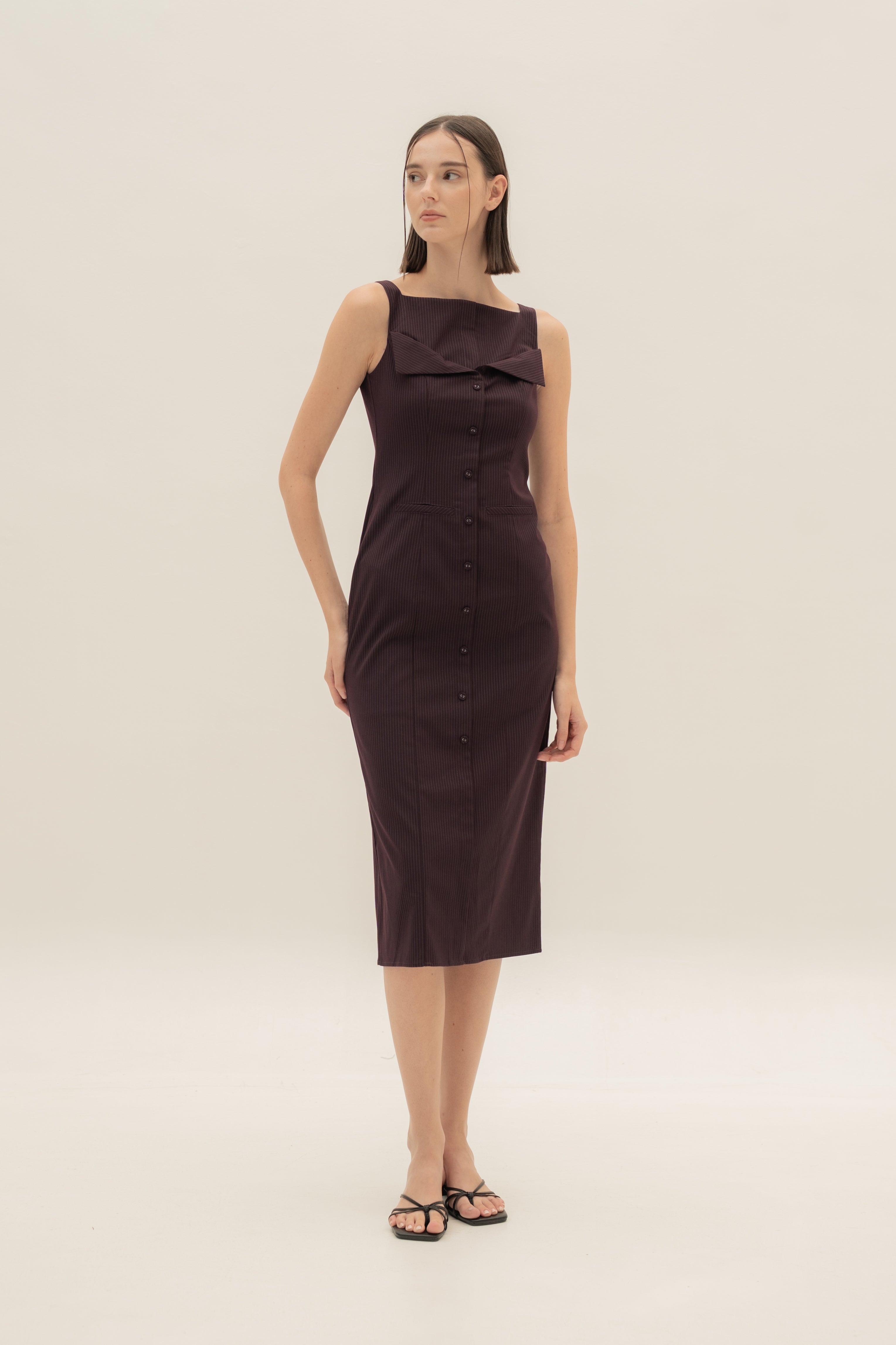 Foldover Panel Midi Dress in Pinstripe Mulberry