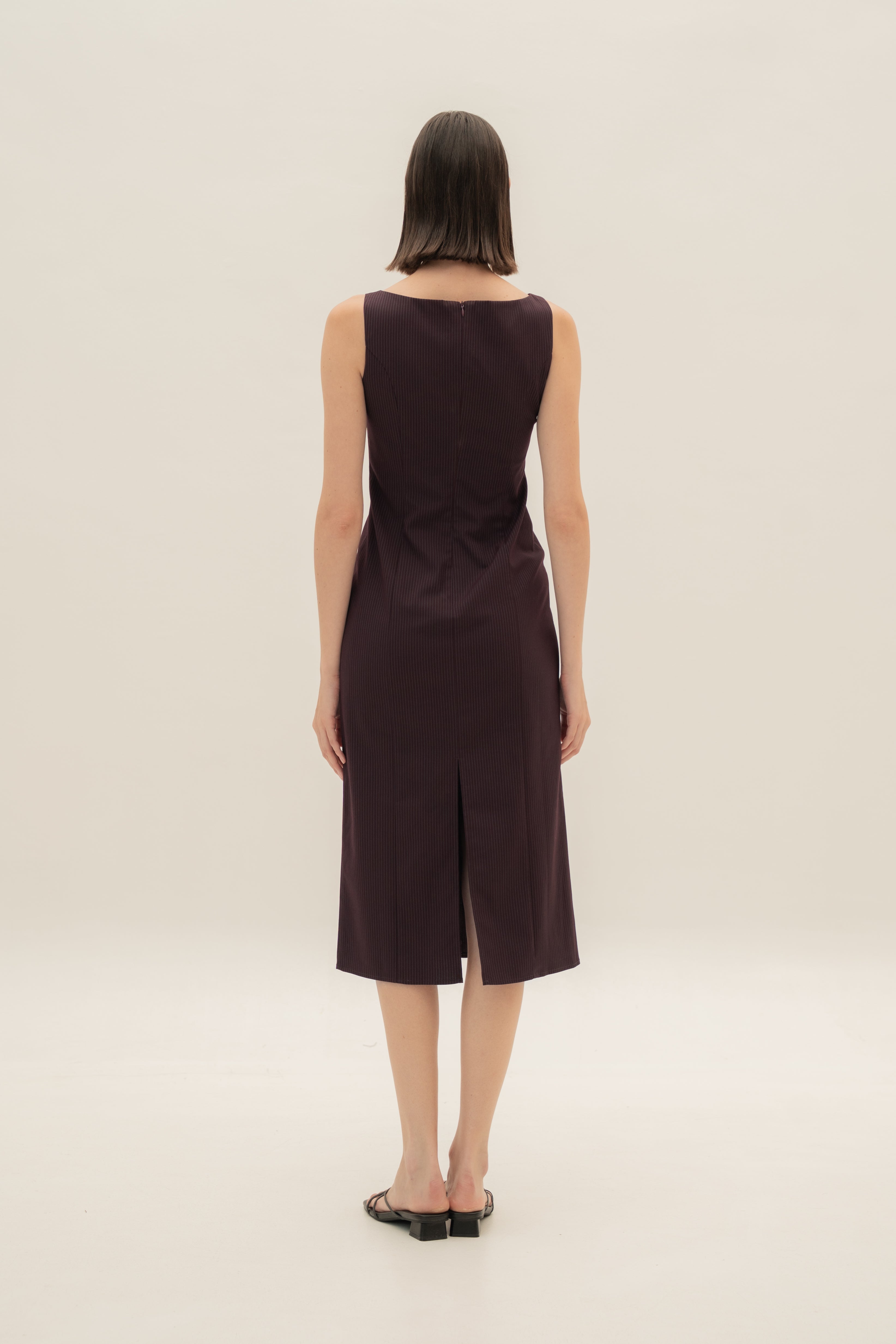 Foldover Panel Midi Dress in Pinstripe Mulberry