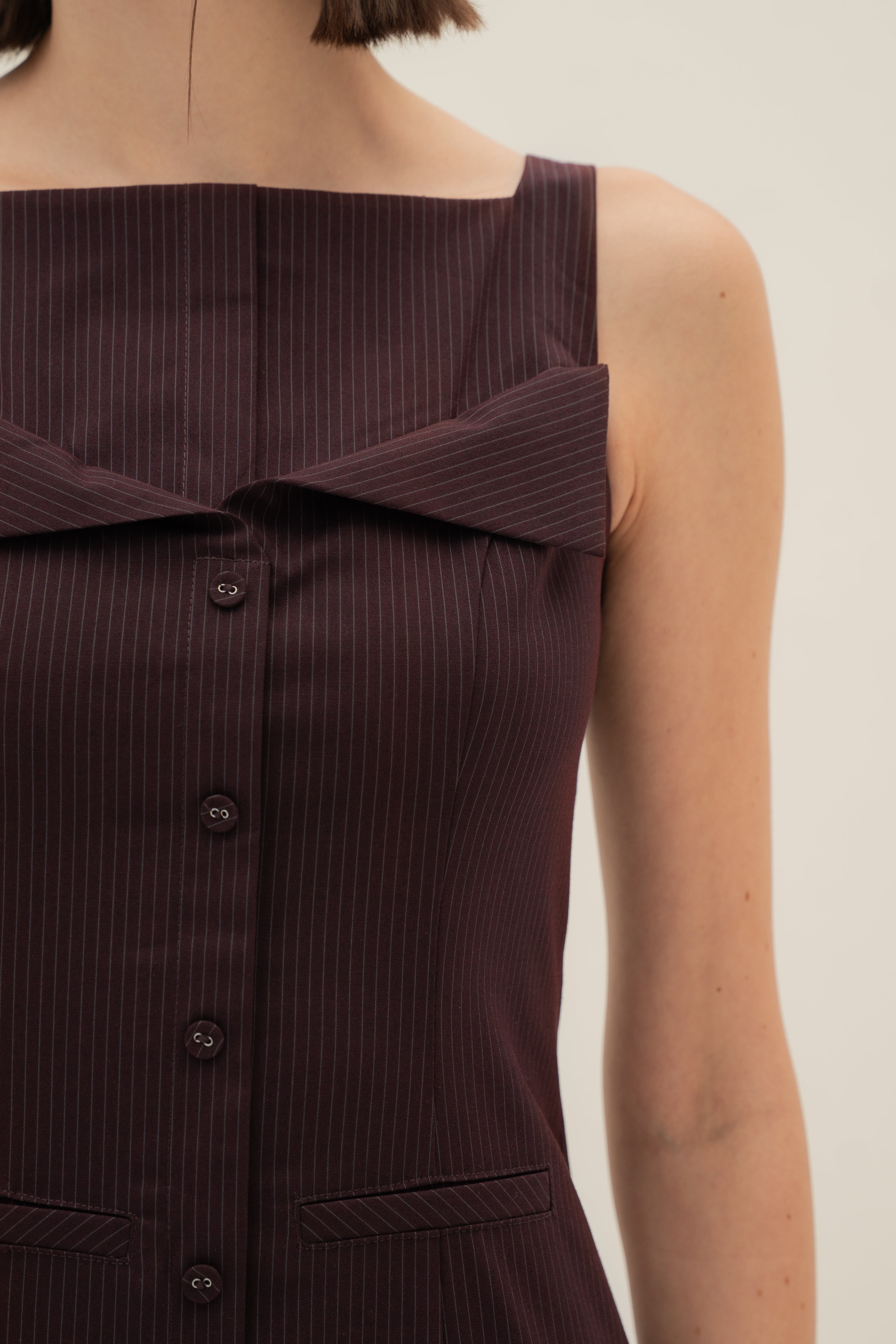 Foldover Panel Midi Dress in Pinstripe Mulberry