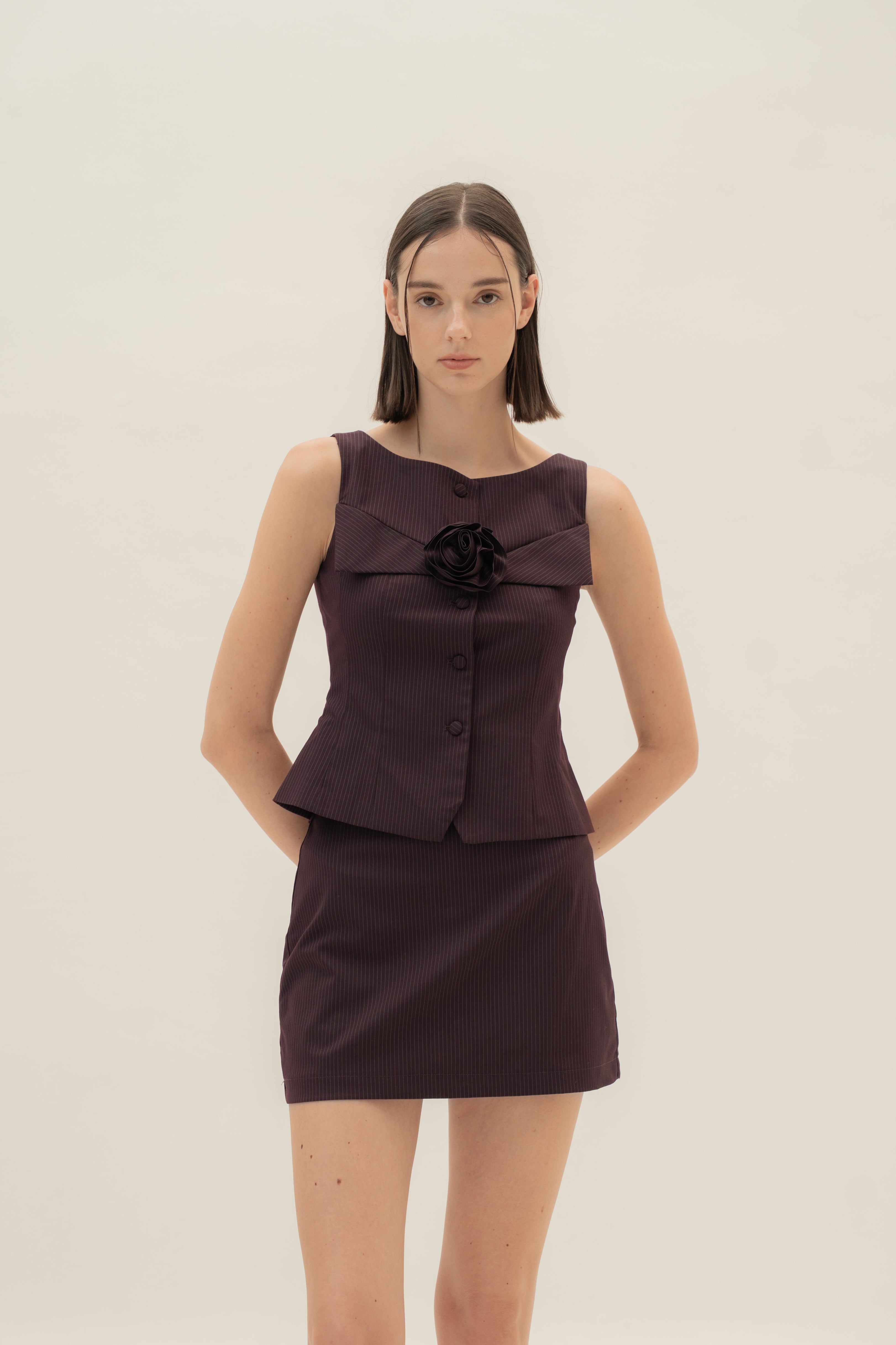 Foldover Panel Vest Top With Detachable Floral in Pinstripe Mulberry