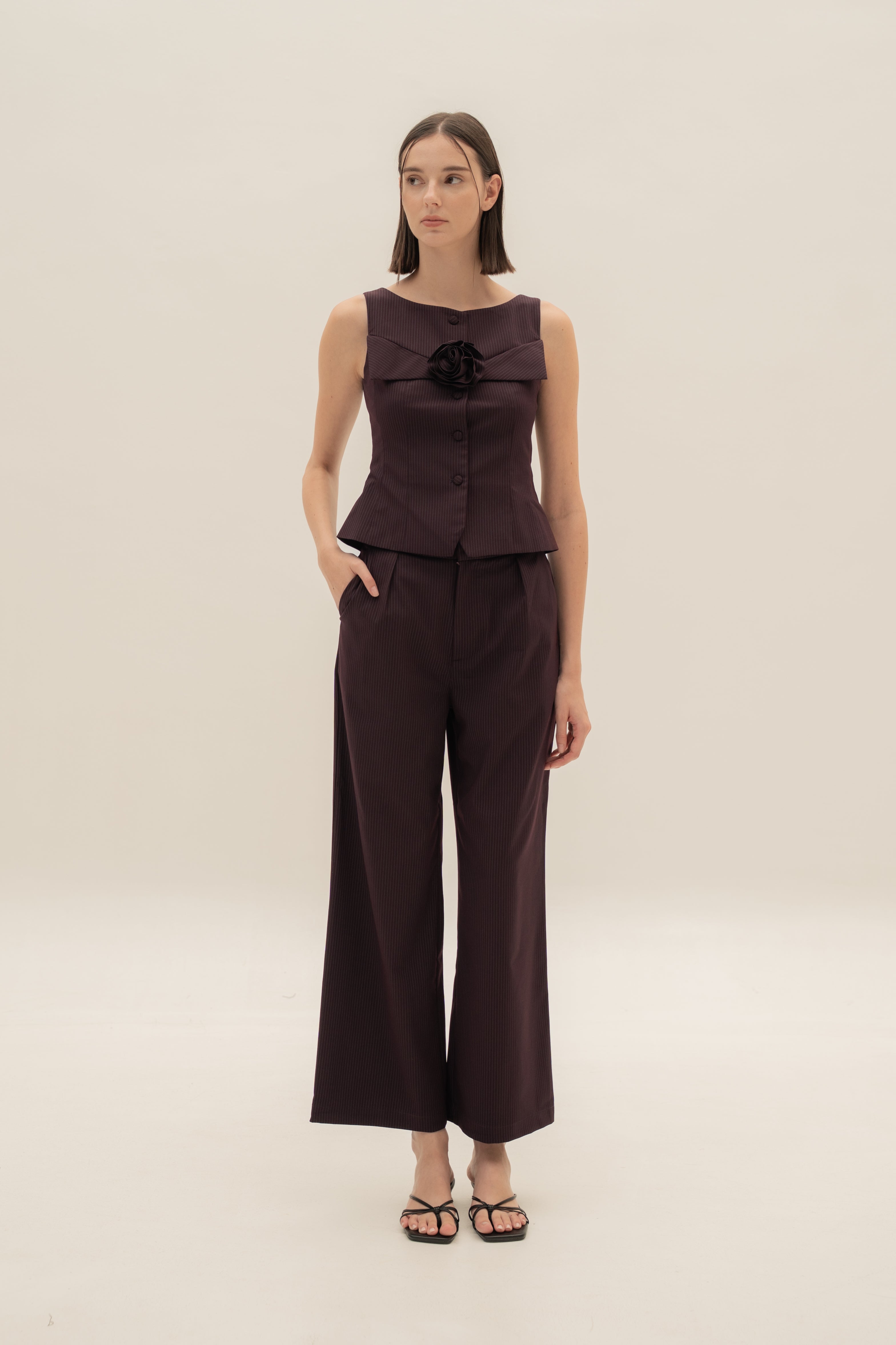 Petite Suiting Pleated Trousers in Pinstripe Mulberry