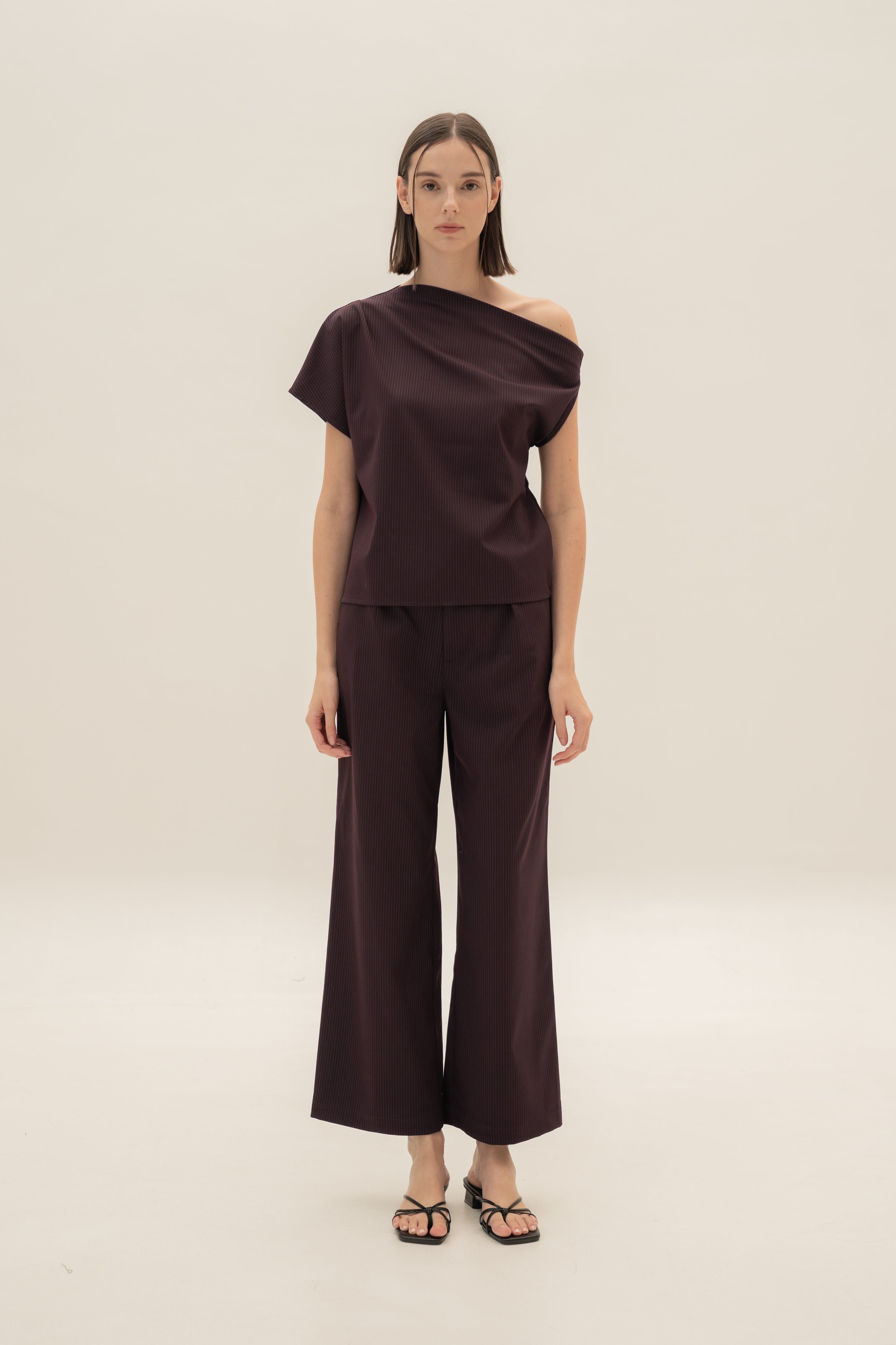 One-Shoulder Top in Pinstripe Mulberry