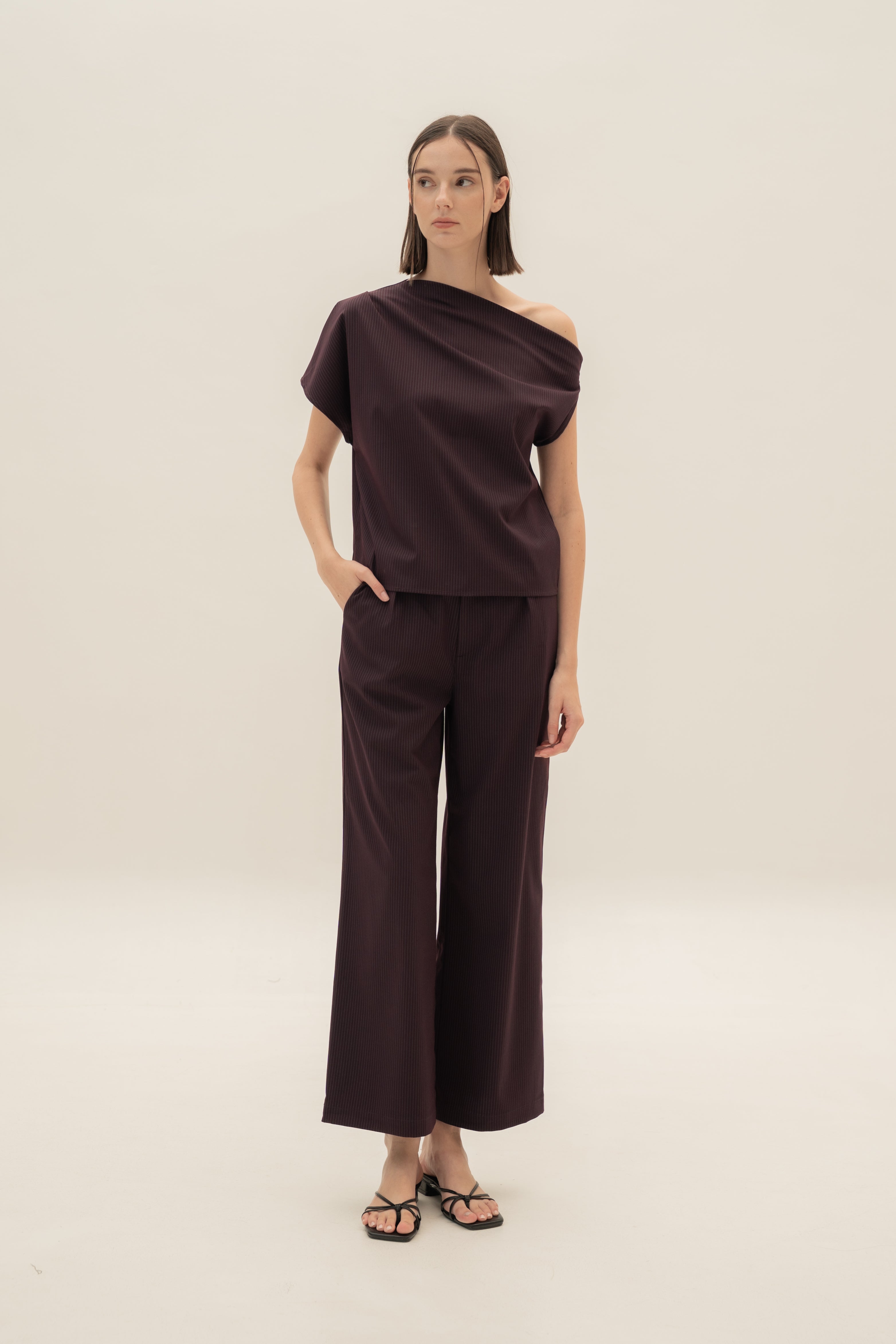 One-Shoulder Top in Pinstripe Mulberry