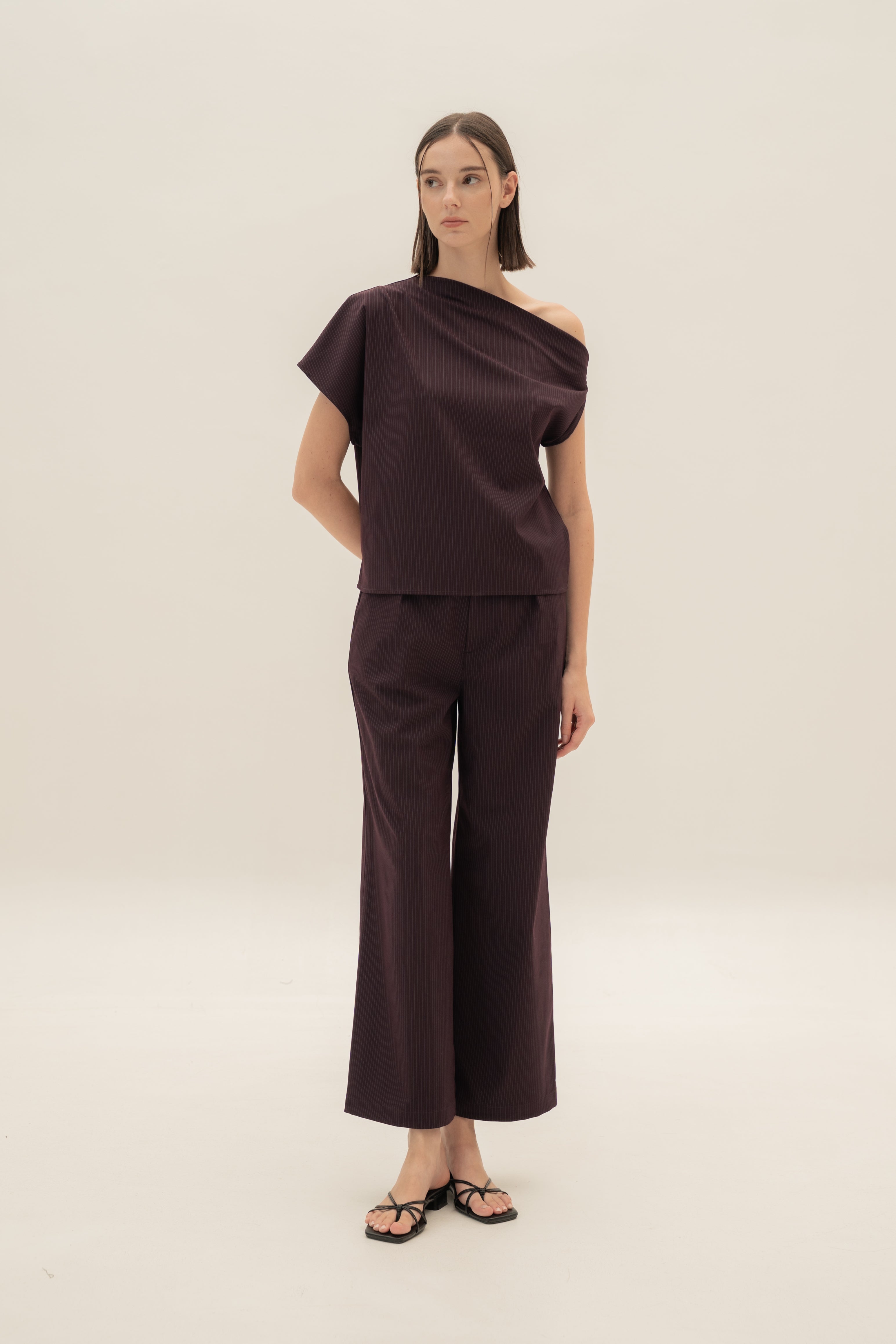 One-Shoulder Top in Pinstripe Mulberry