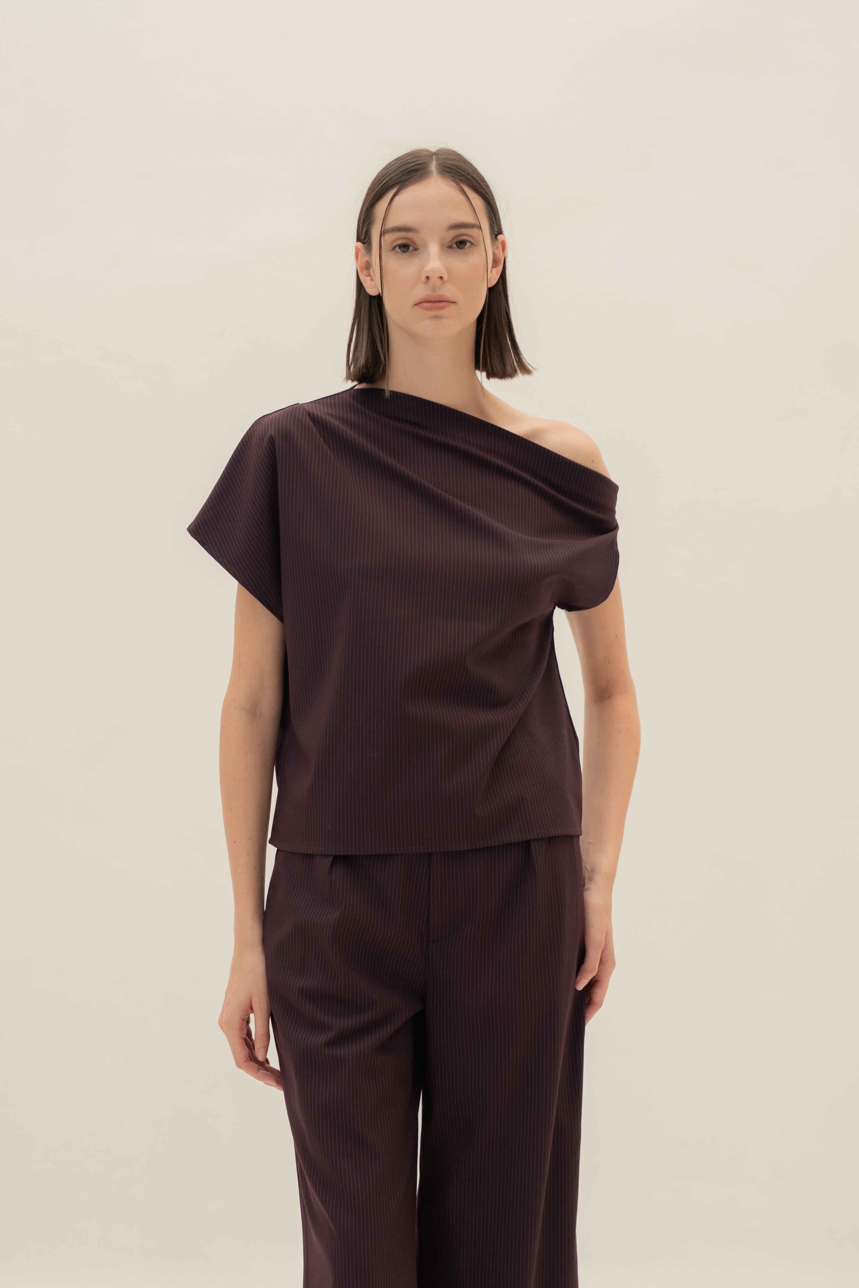 One-Shoulder Top in Pinstripe Mulberry