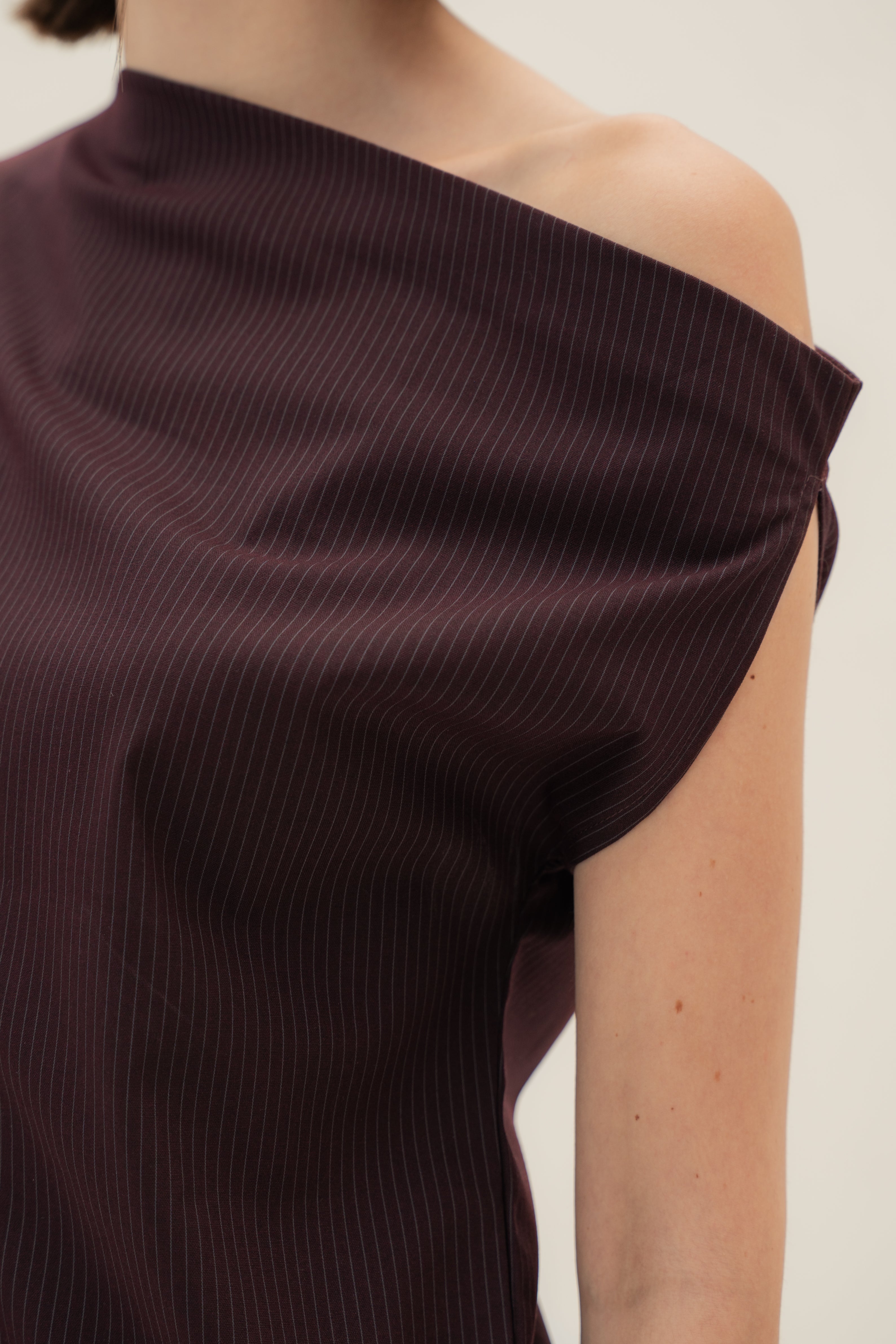 One-Shoulder Top in Pinstripe Mulberry