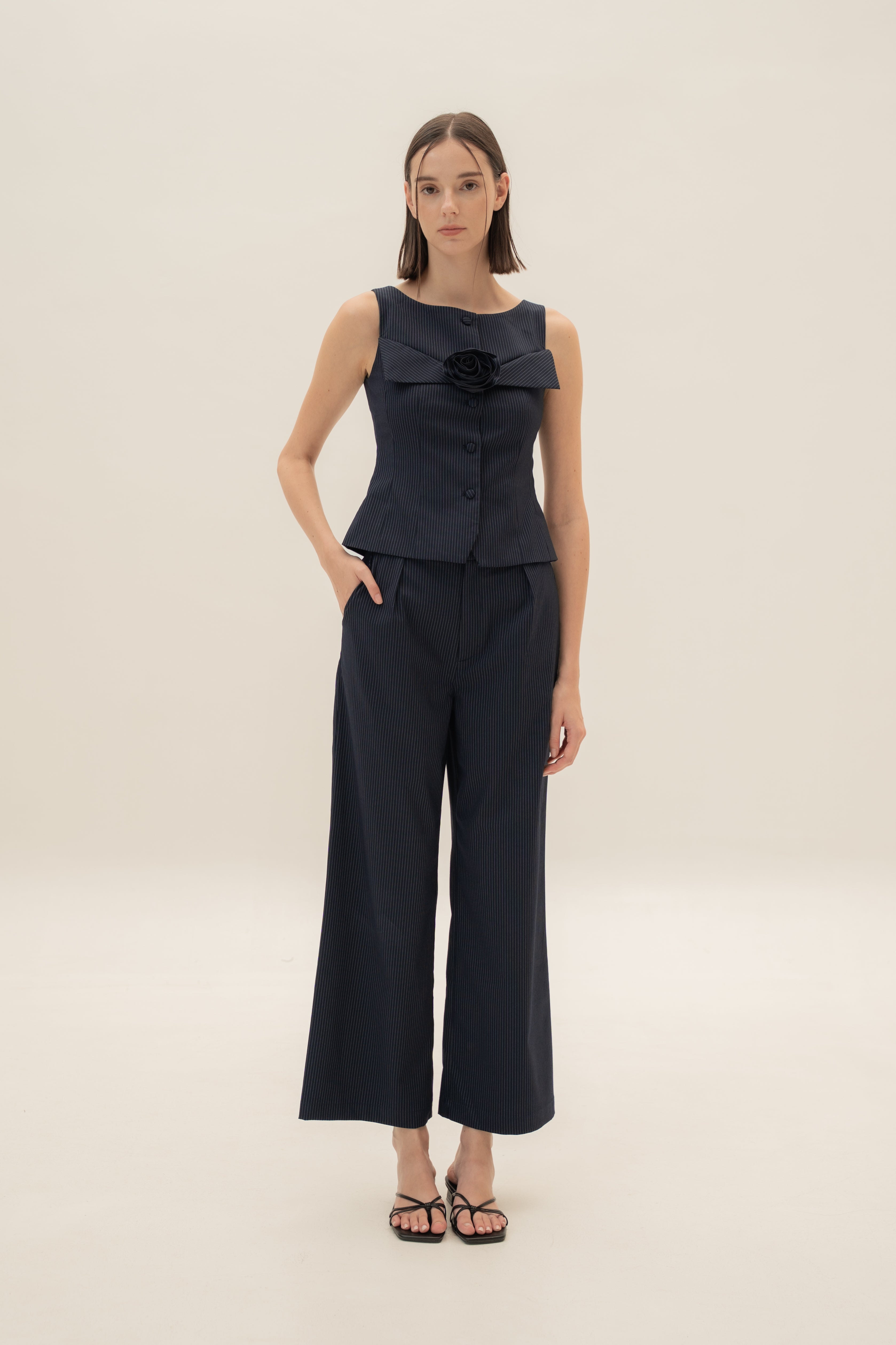Foldover Panel Vest Top With Detachable Floral in Pinstripe Navy
