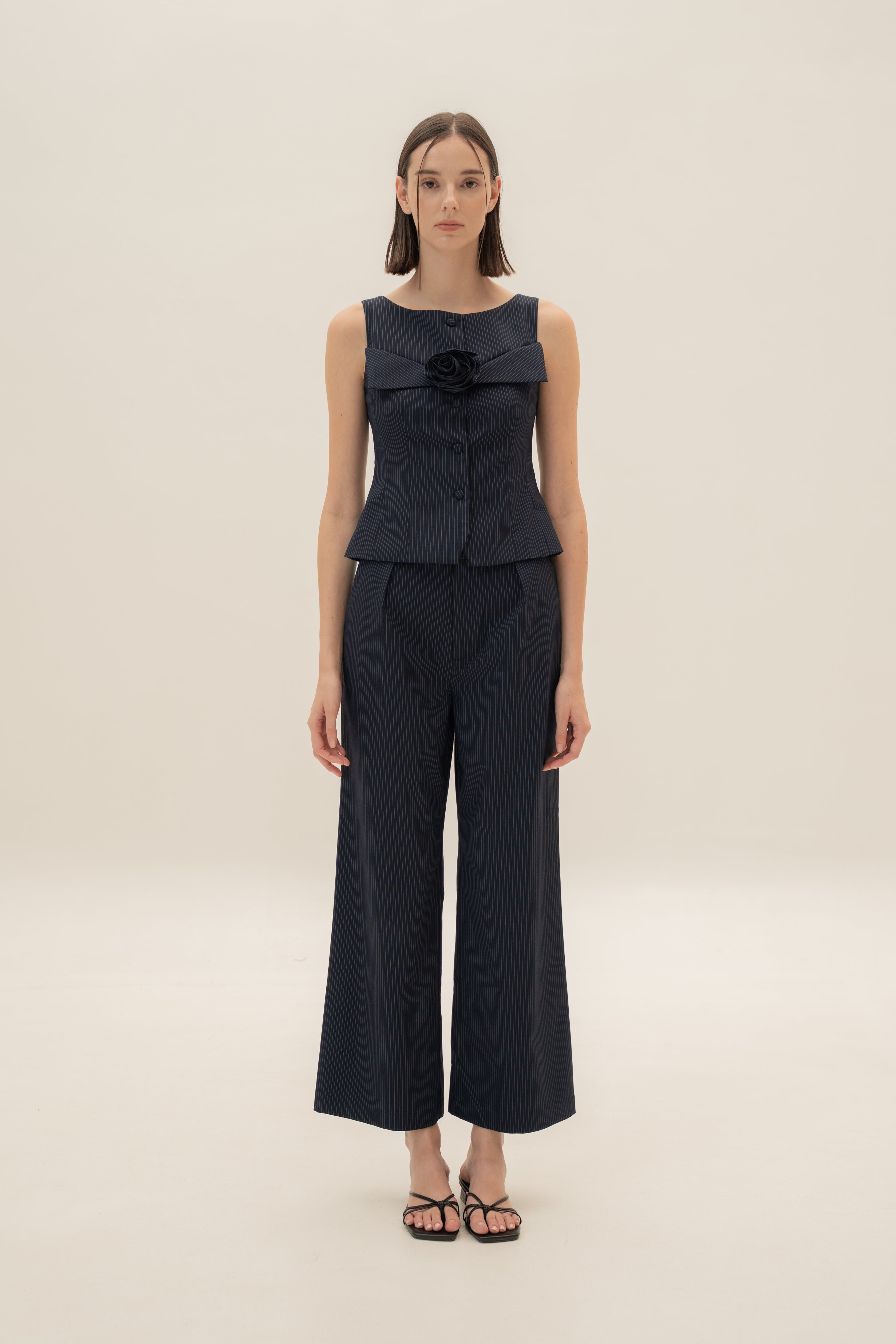 Foldover Panel Vest Top With Detachable Floral in Pinstripe Navy