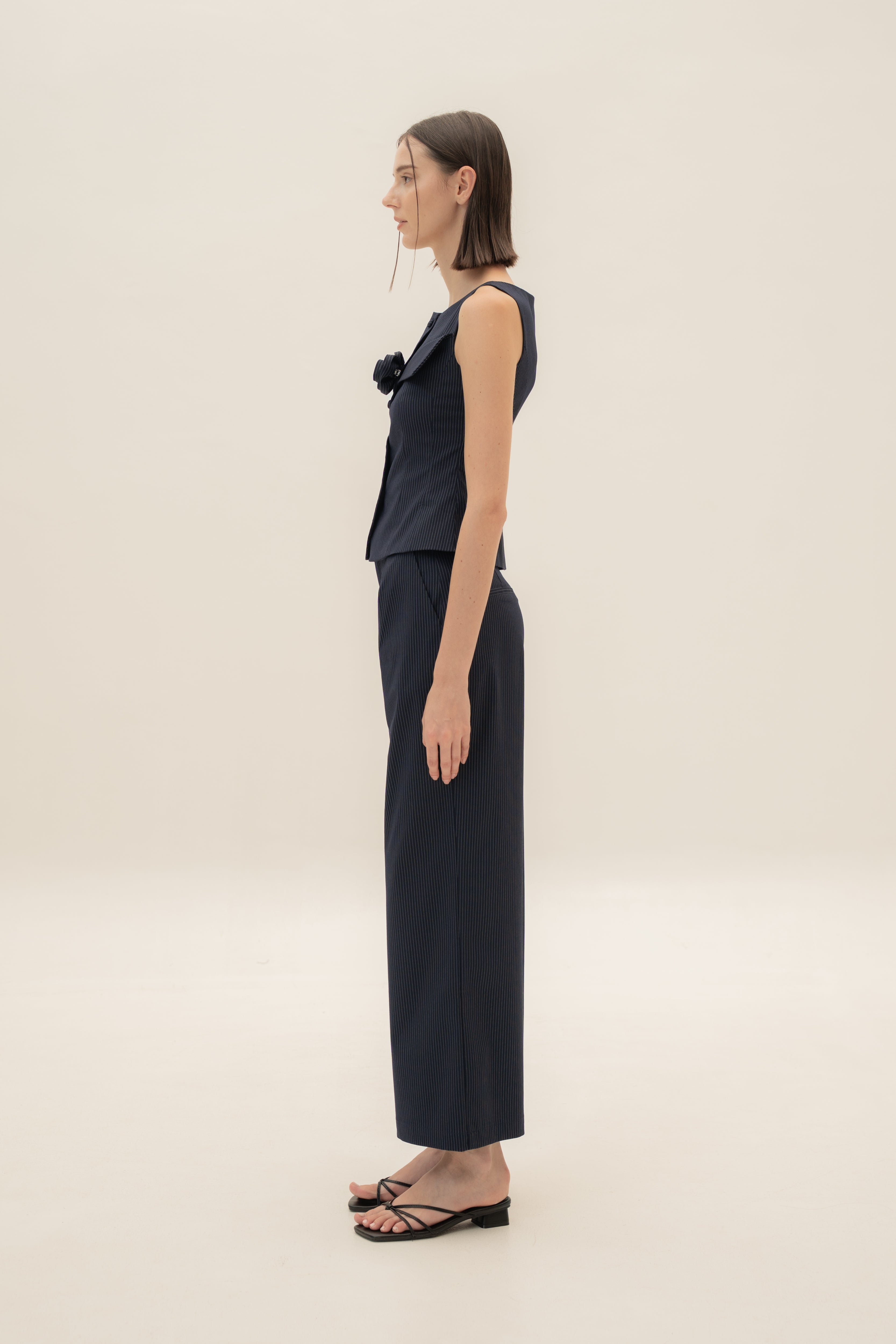 Foldover Panel Vest Top With Detachable Floral in Pinstripe Navy