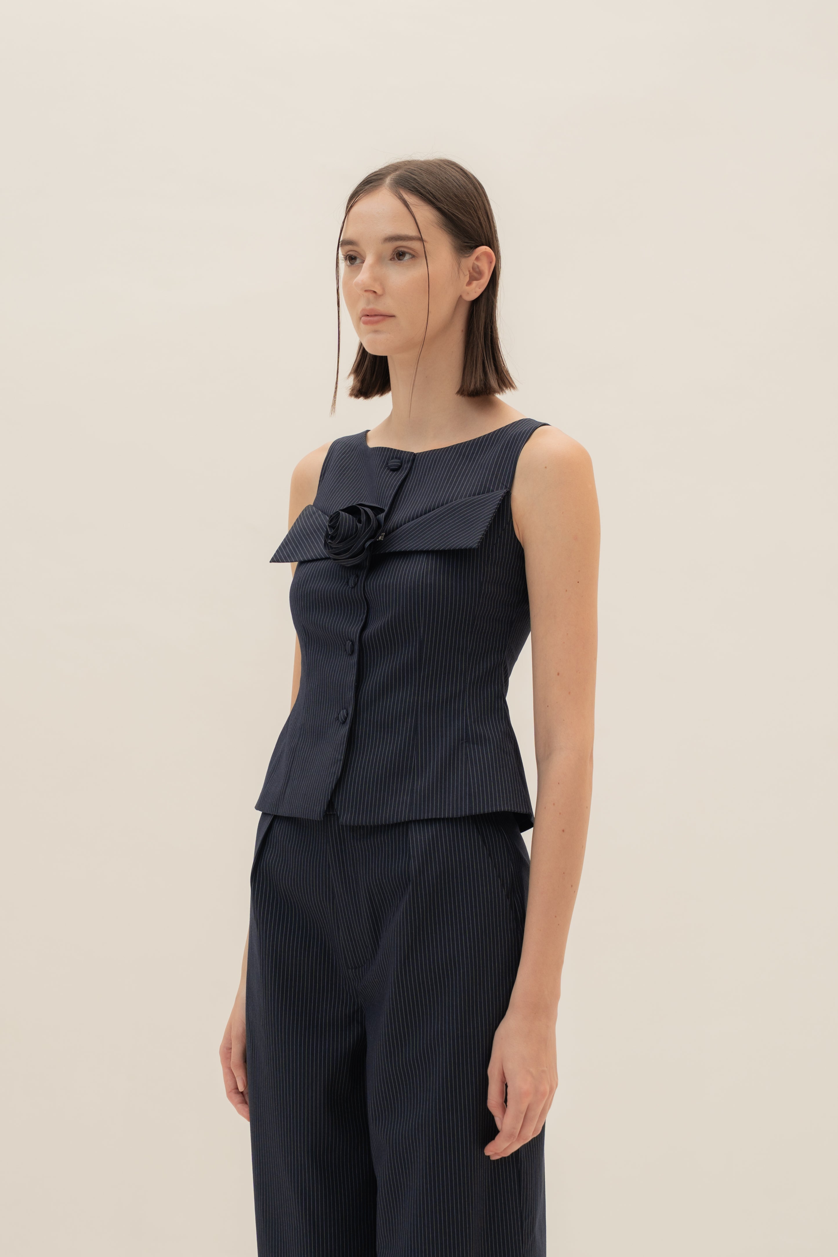 Foldover Panel Vest Top With Detachable Floral in Pinstripe Navy