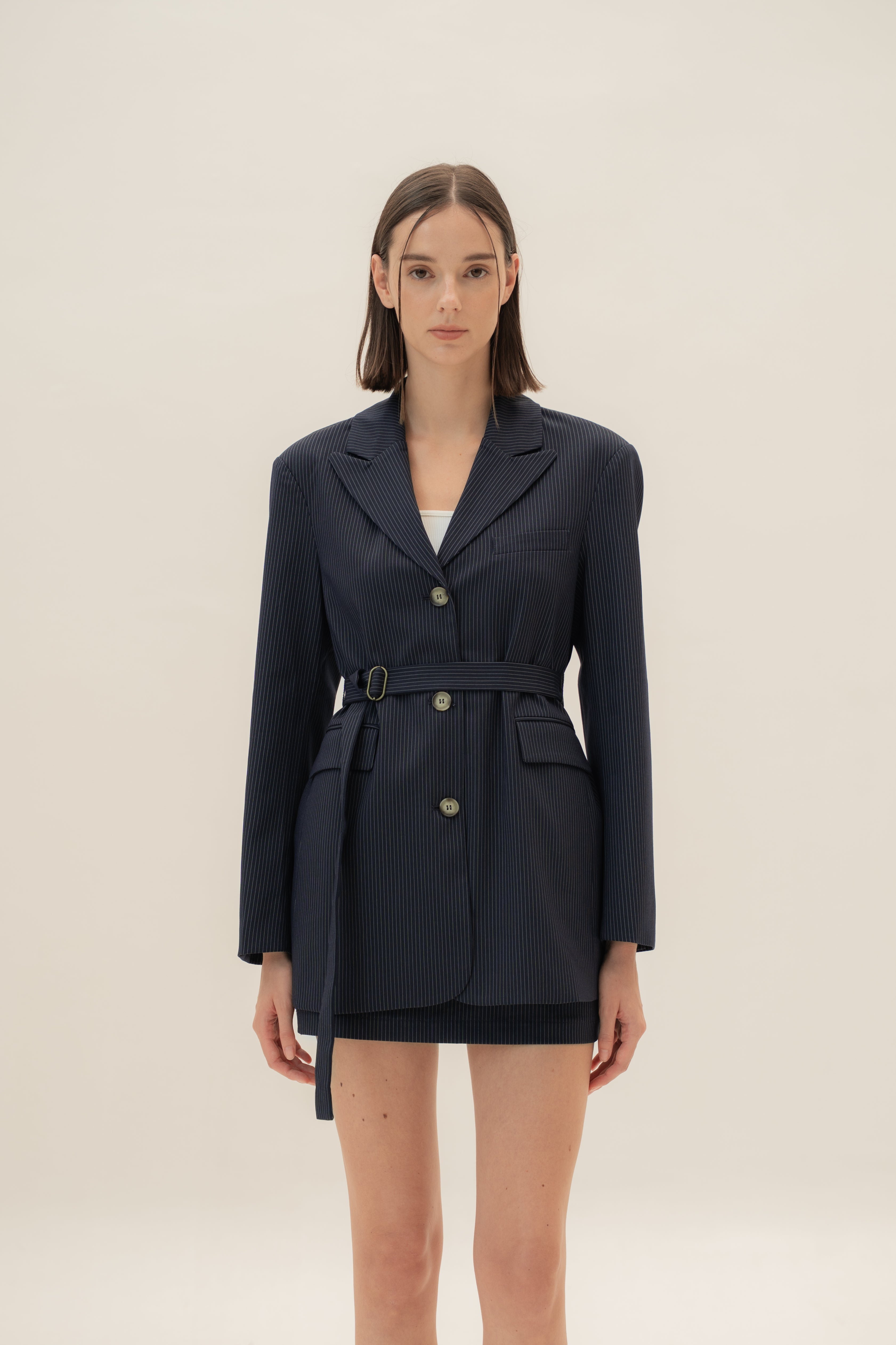 Blazer Dress in Pinstripe Navy