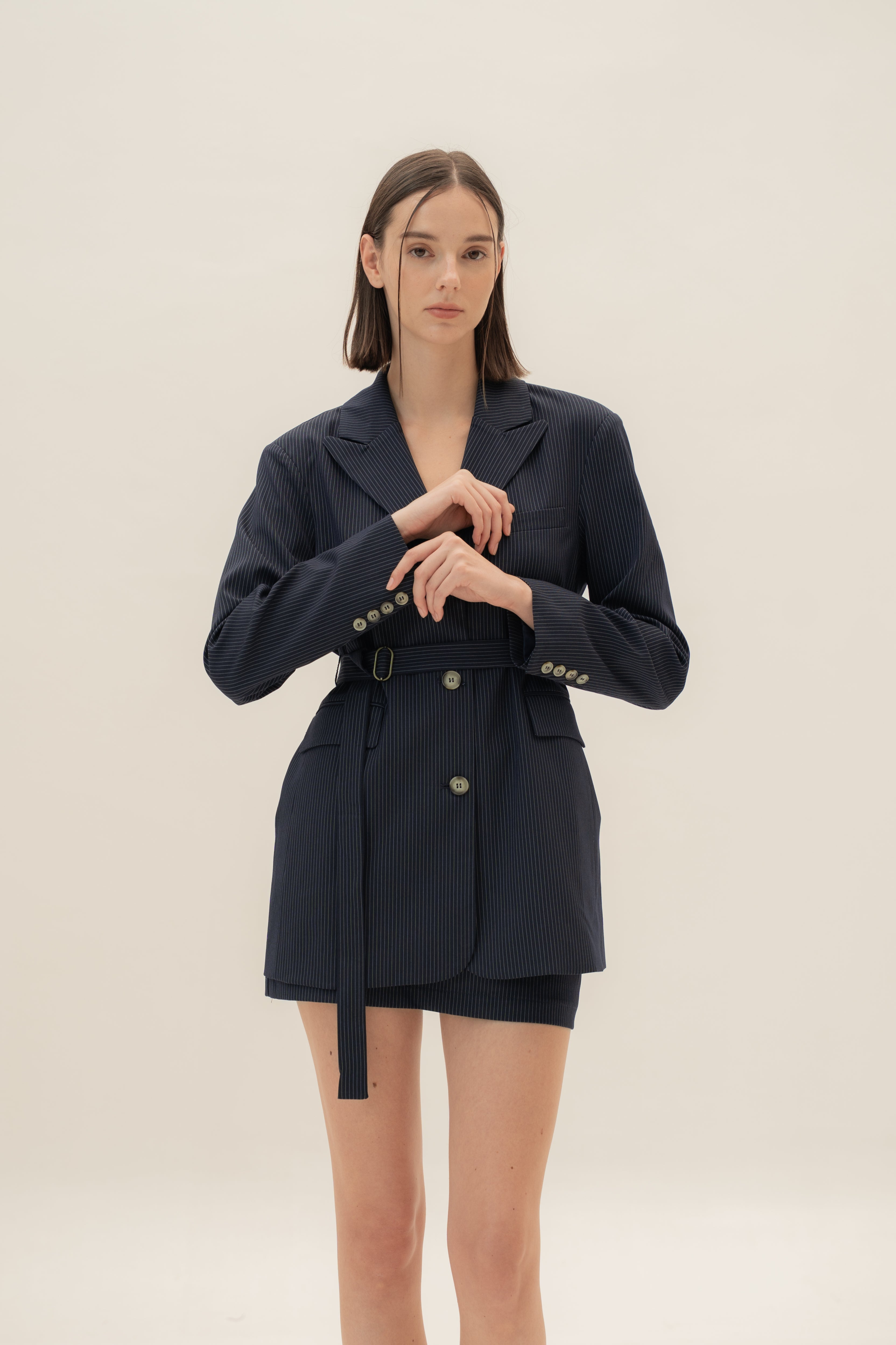 Blazer Dress in Pinstripe Navy