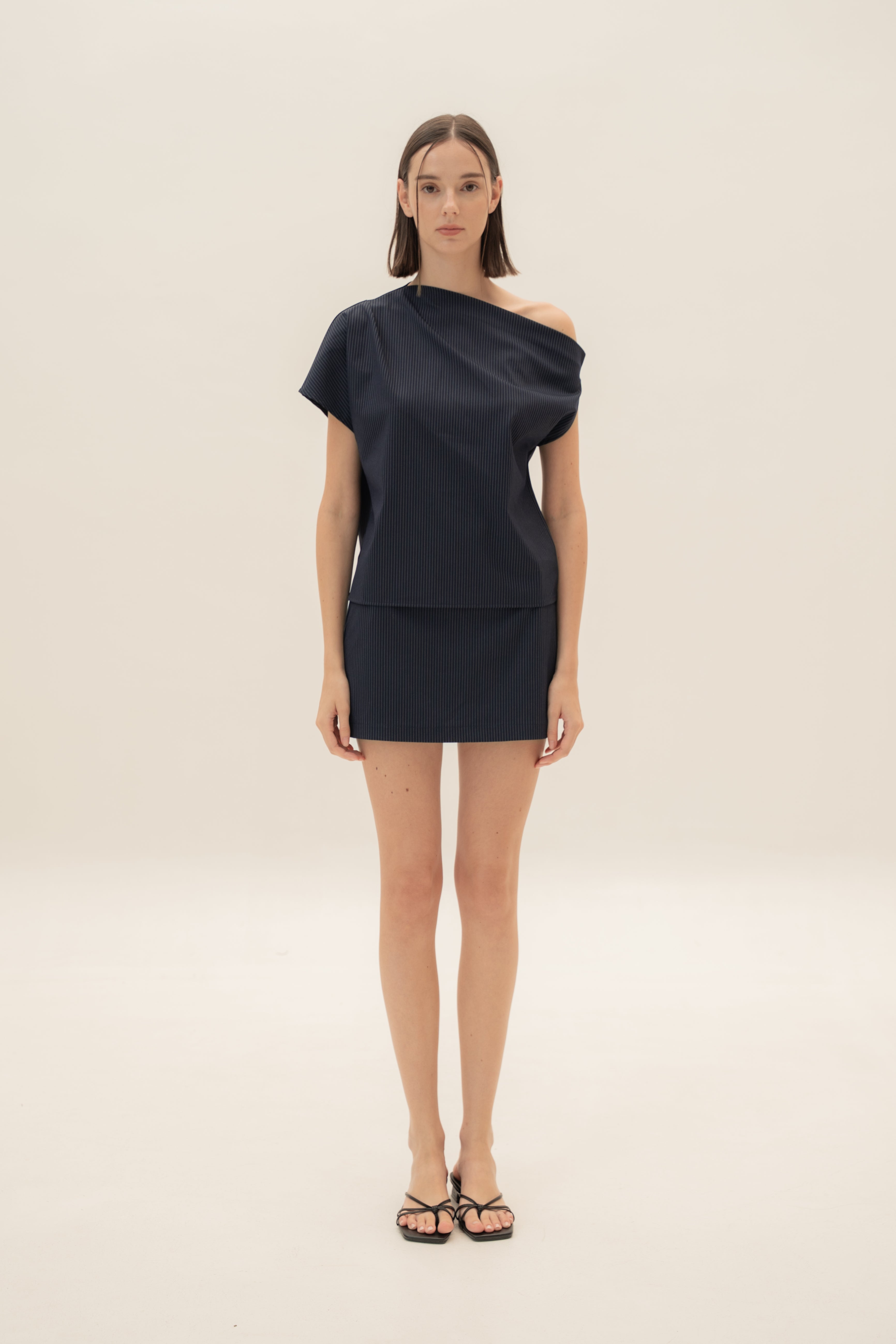 One-Shoulder Top in Pinstripe Navy
