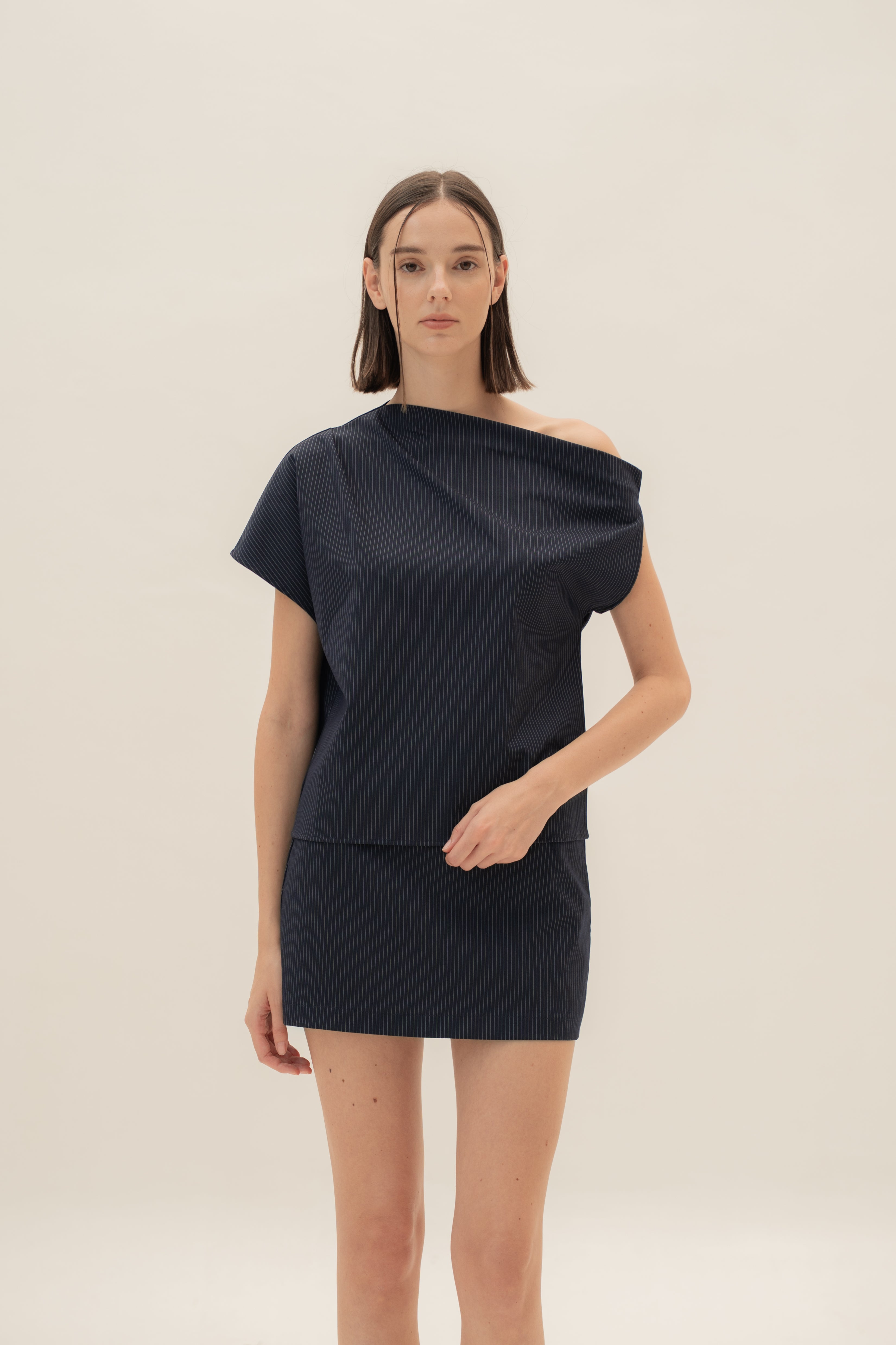 One-Shoulder Top in Pinstripe Navy