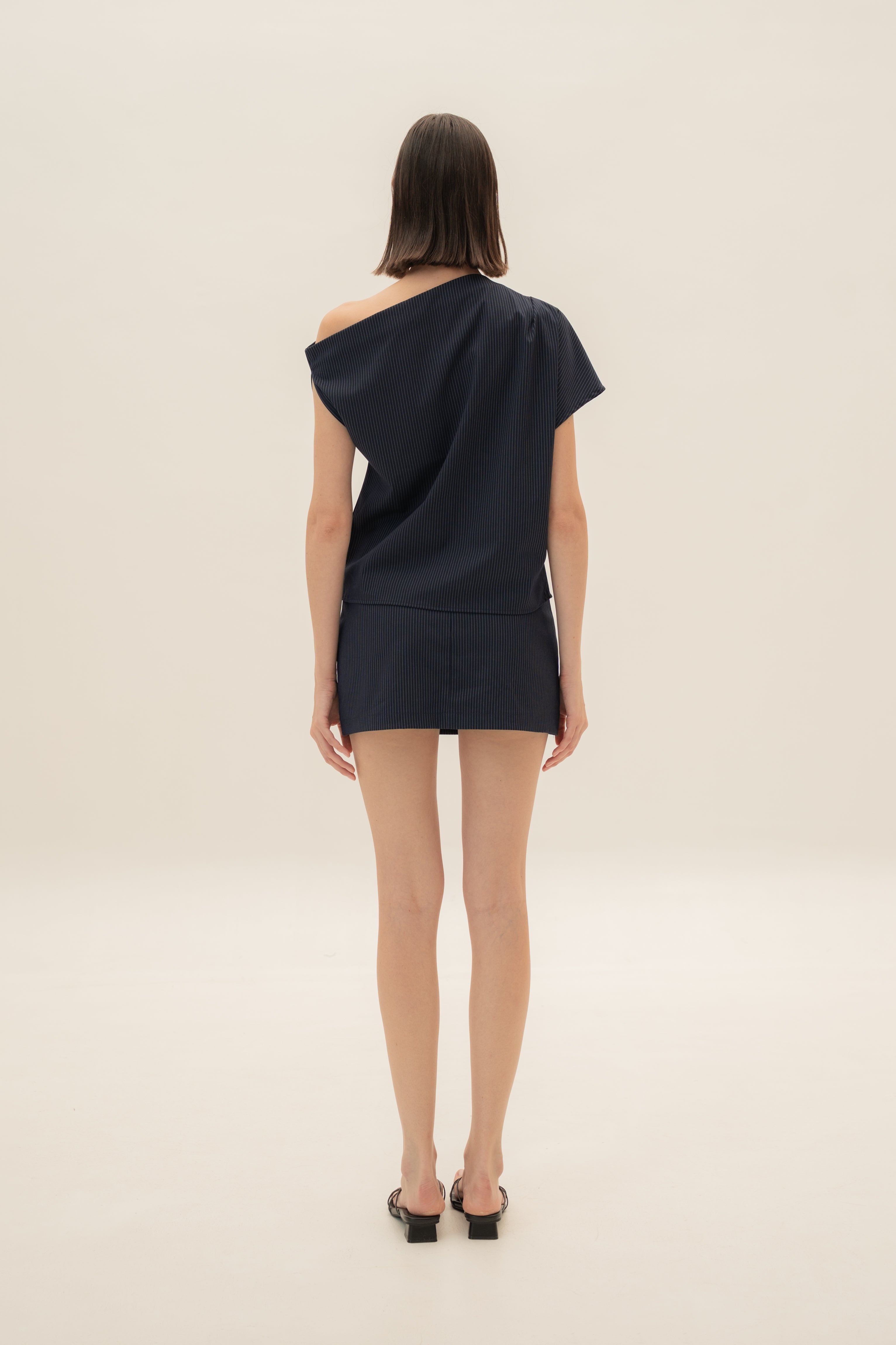 One-Shoulder Top in Pinstripe Navy