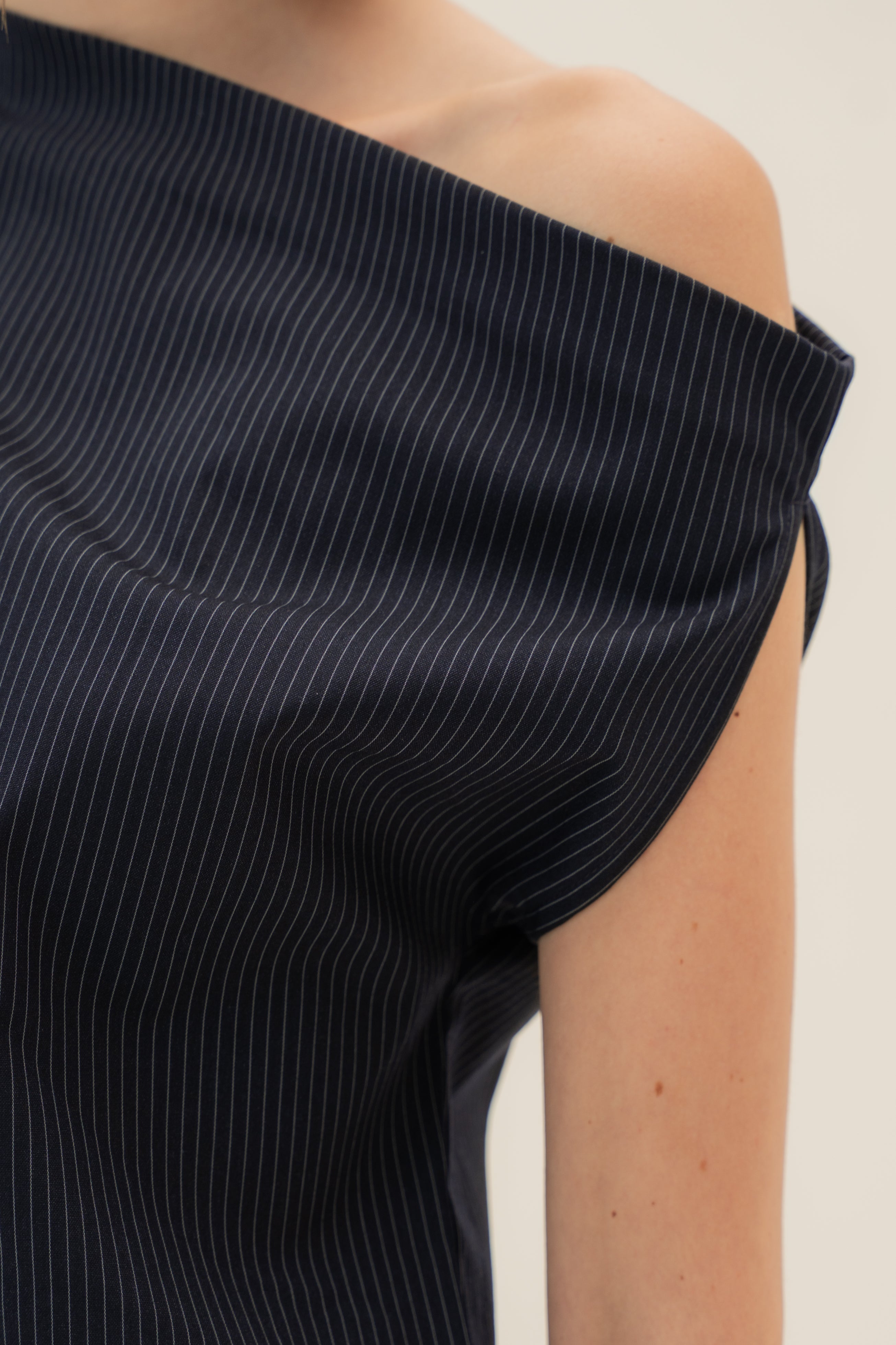 One-Shoulder Top in Pinstripe Navy