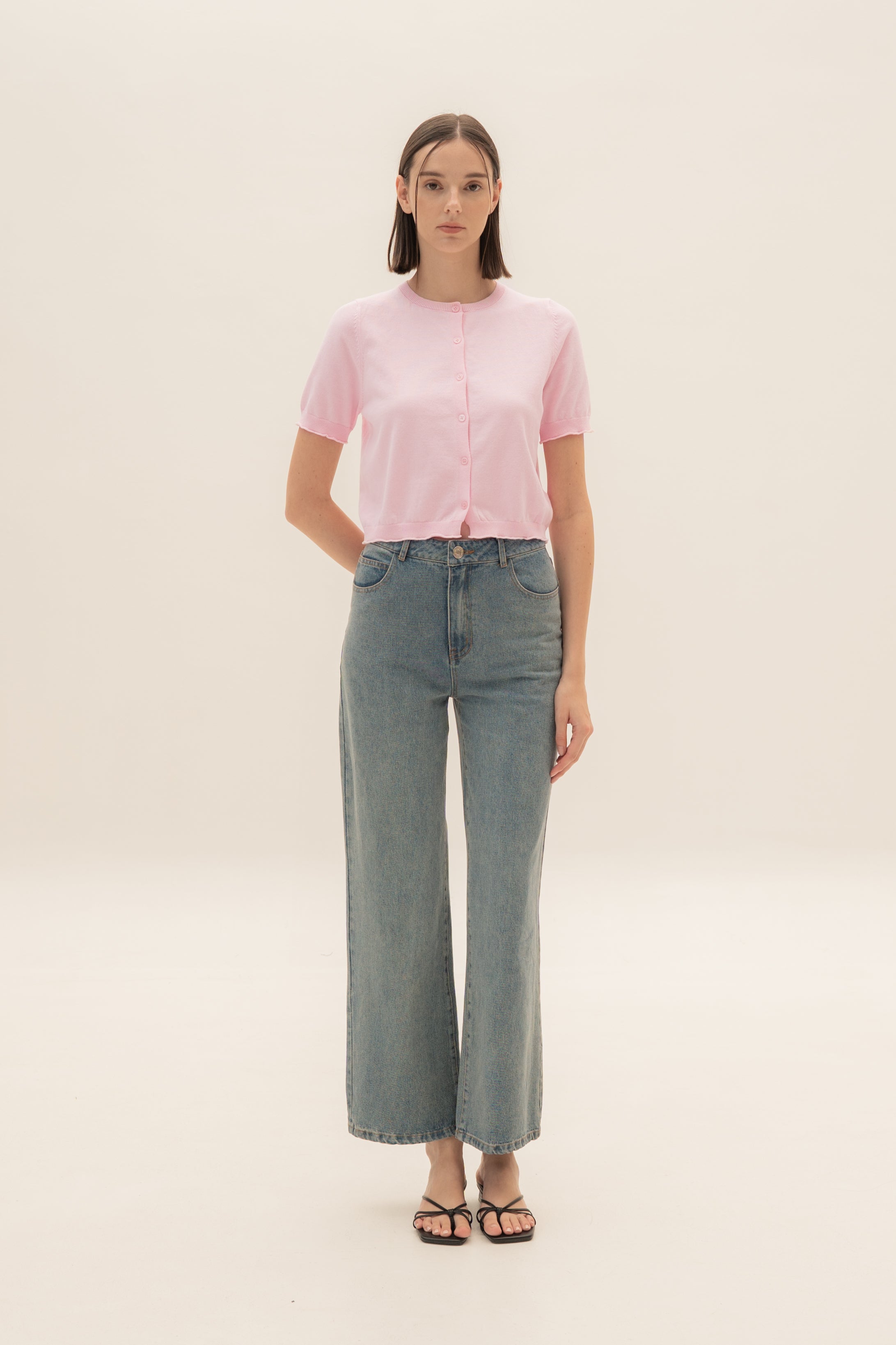 Short Sleeve Button Up Cardigan in Pink