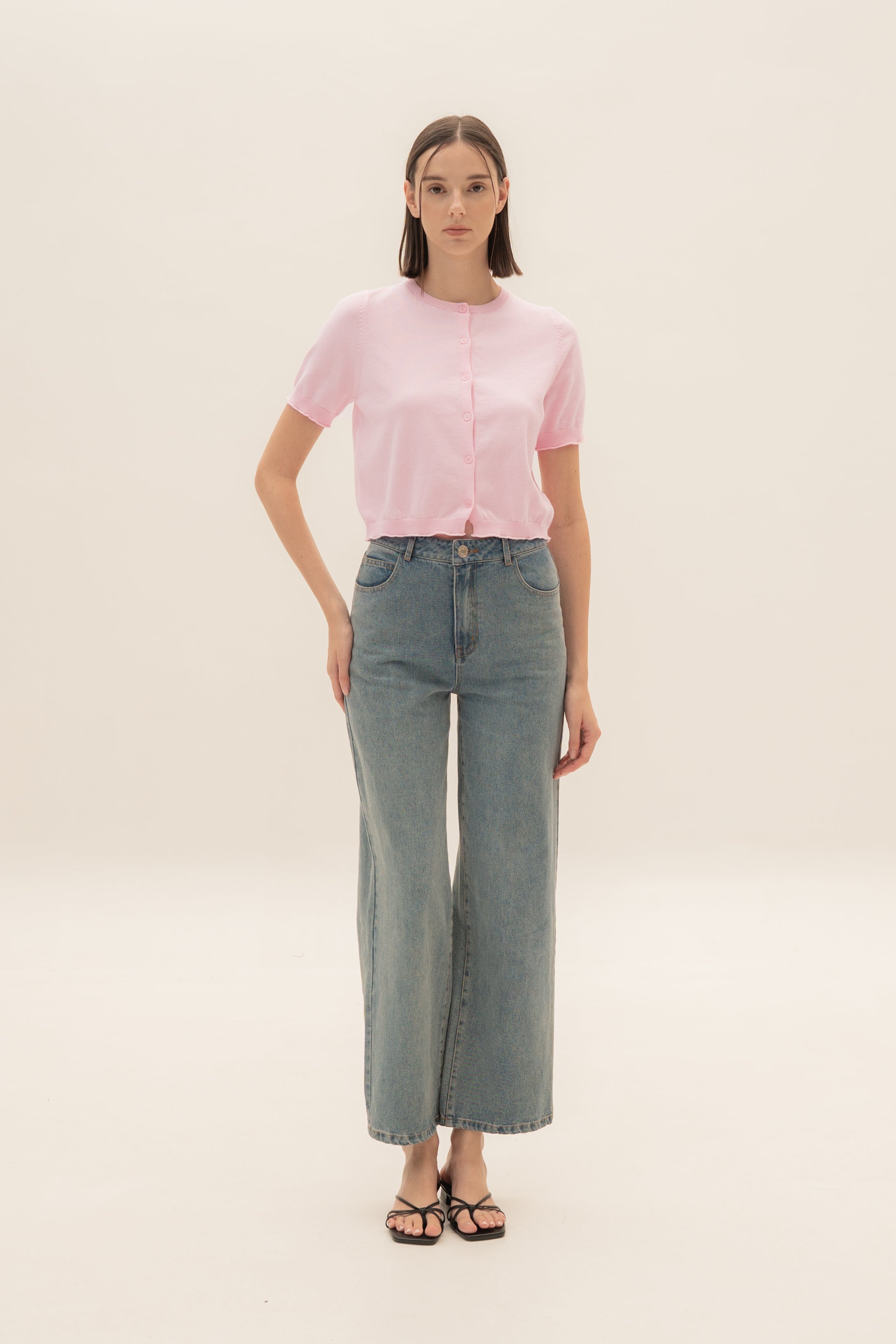 Short Sleeve Button Up Cardigan in Pink