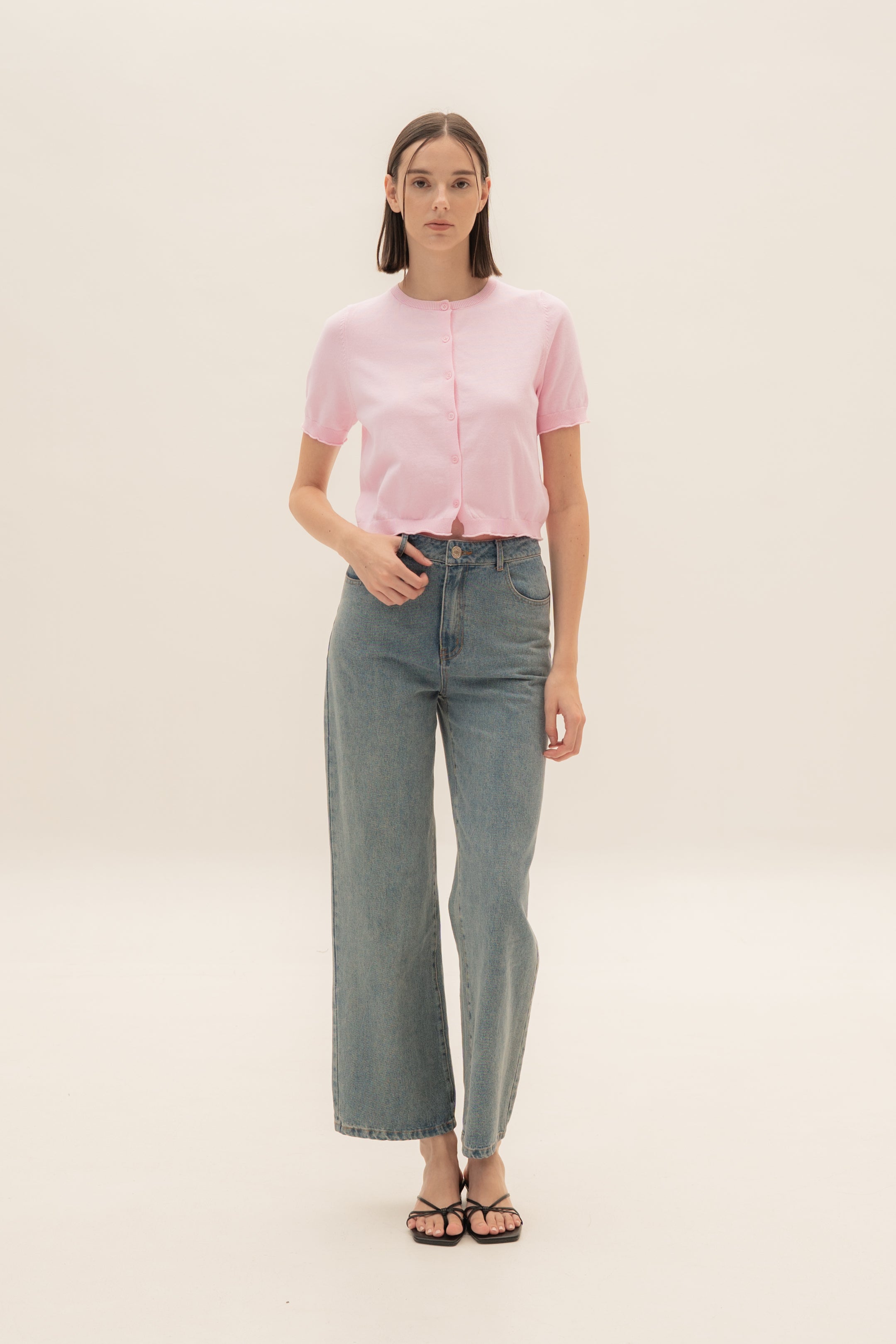 Short Sleeve Button Up Cardigan in Pink