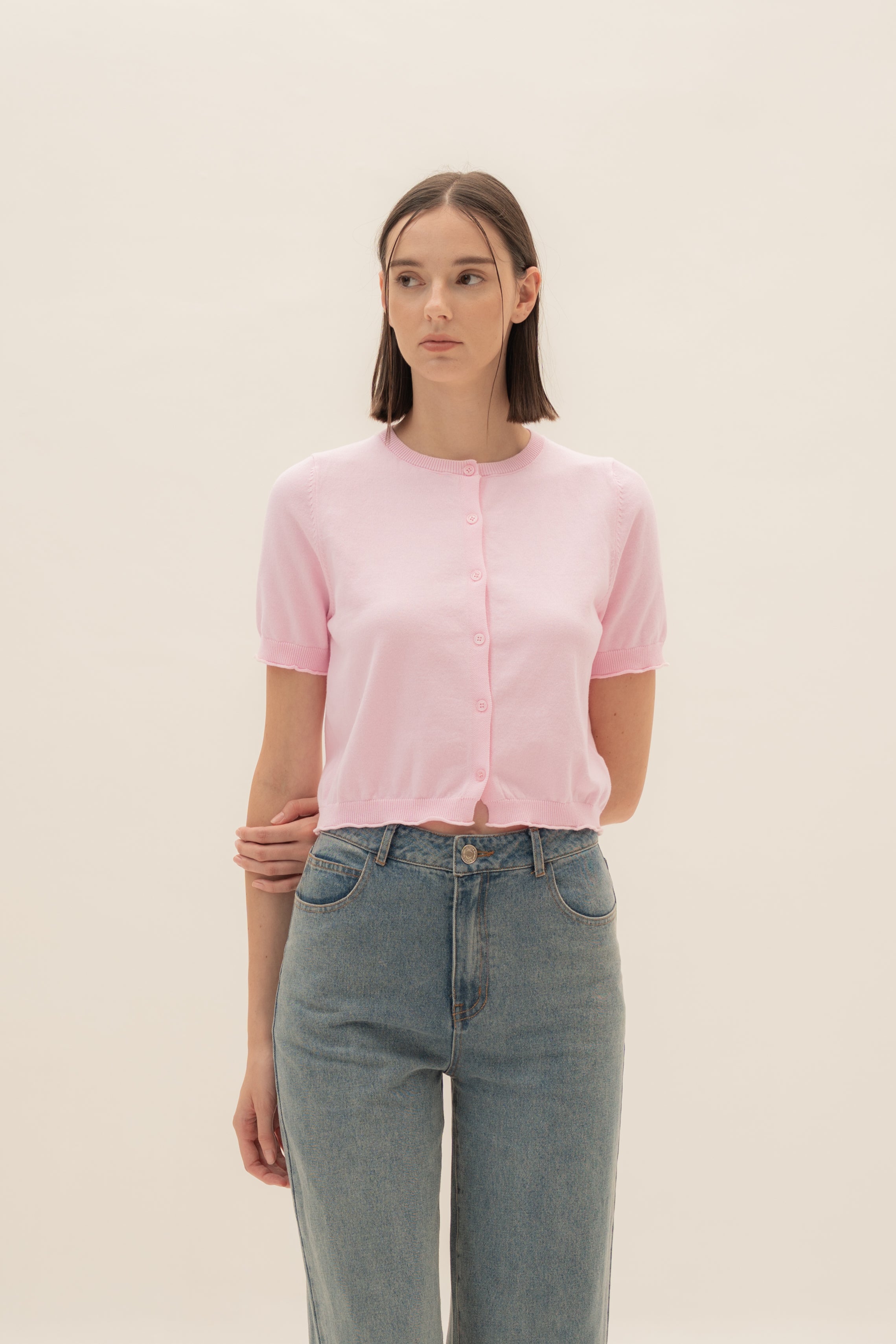 Short Sleeve Button Up Cardigan in Pink