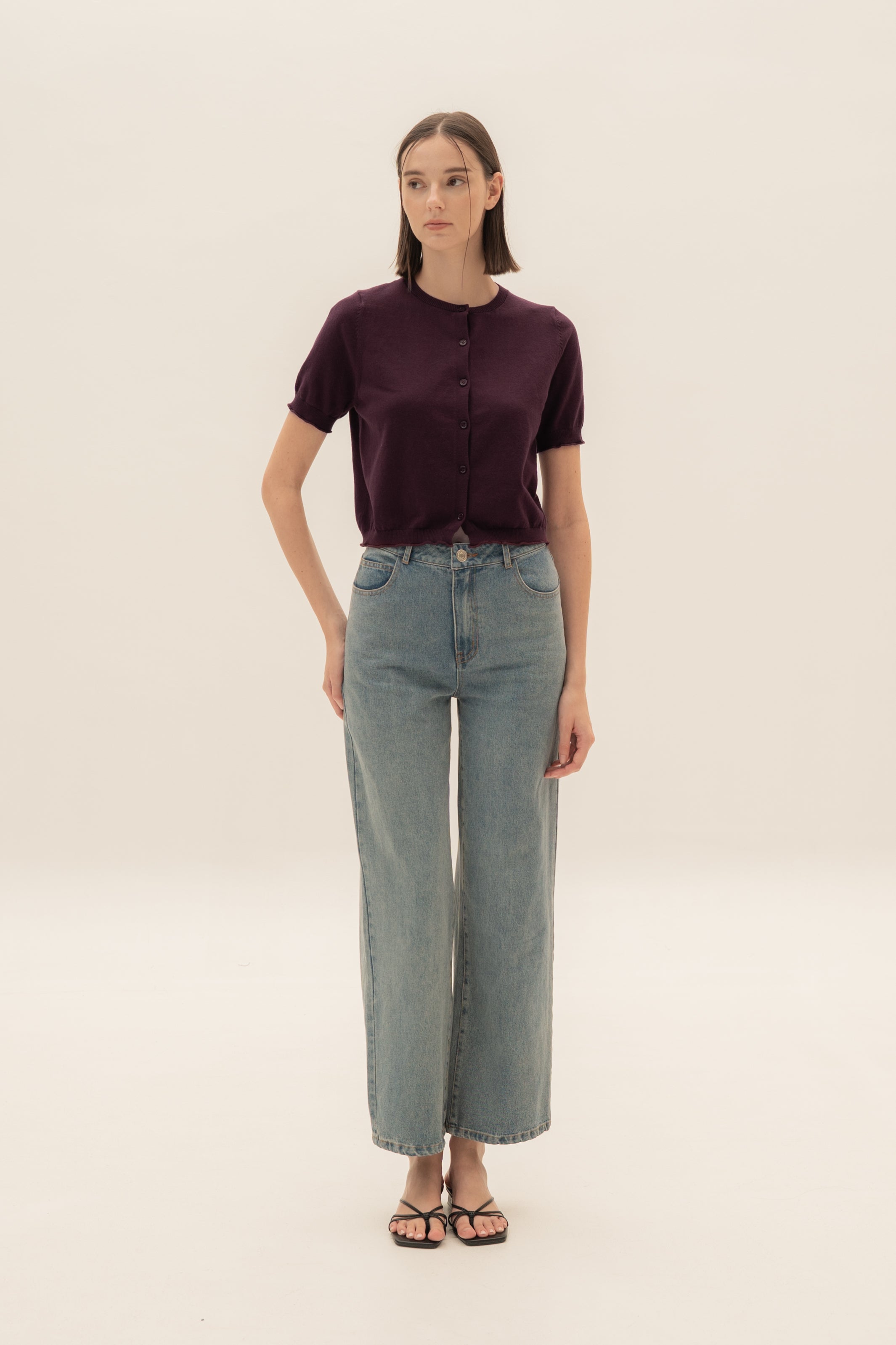 Short Sleeve Button Up Cardigan in Mulberry