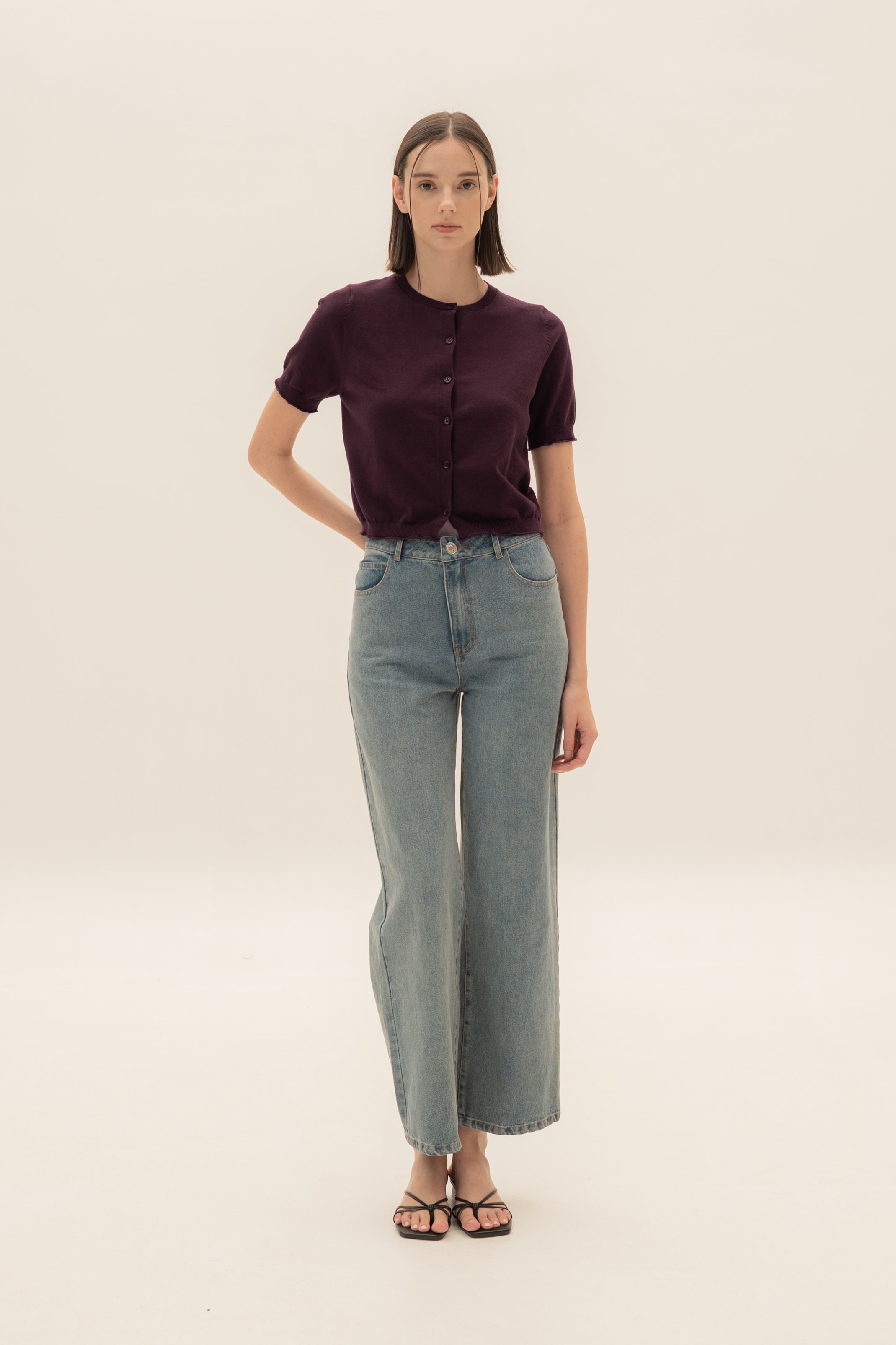 Short Sleeve Button Up Cardigan in Mulberry