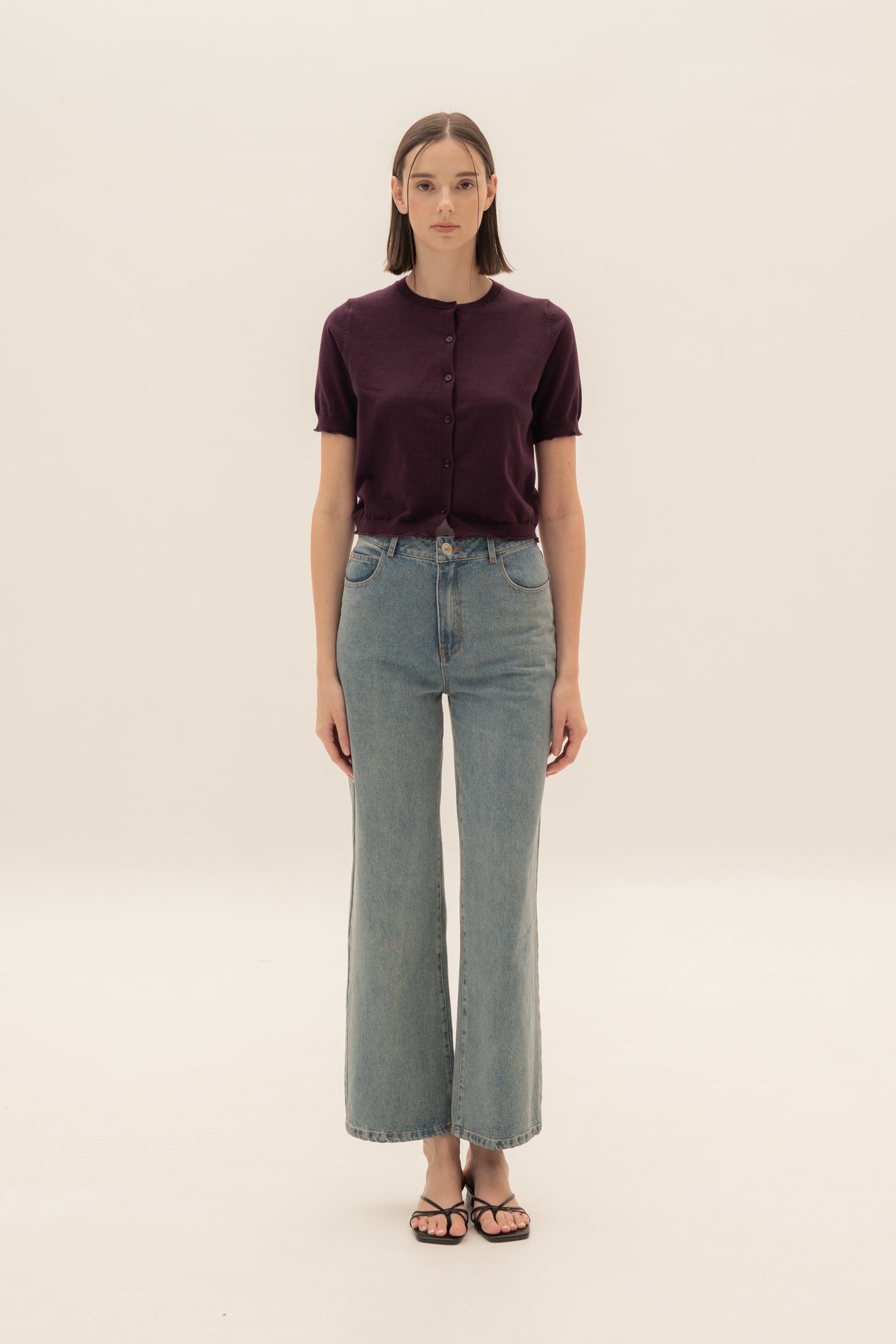 Short Sleeve Button Up Cardigan in Mulberry