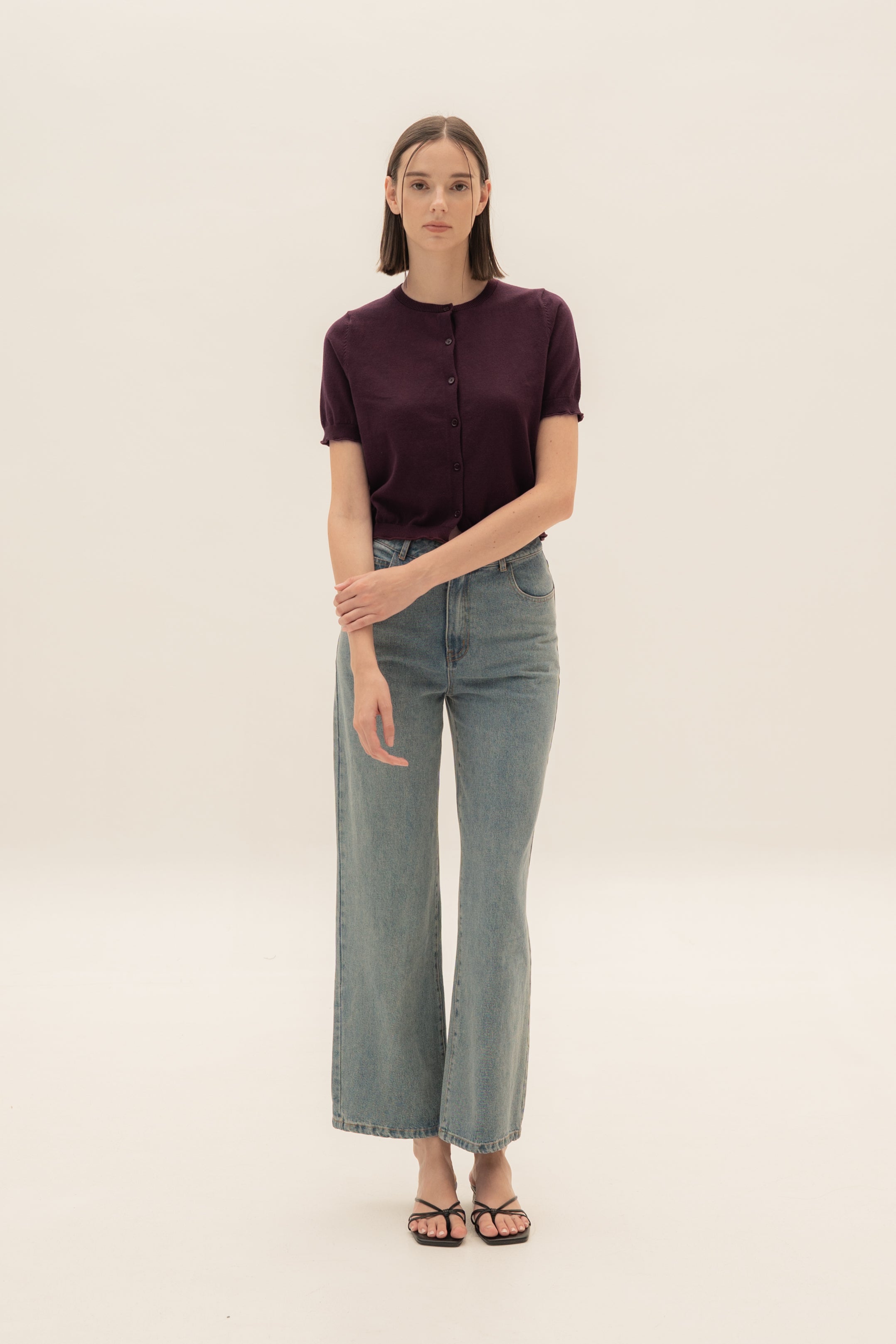 Short Sleeve Button Up Cardigan in Mulberry