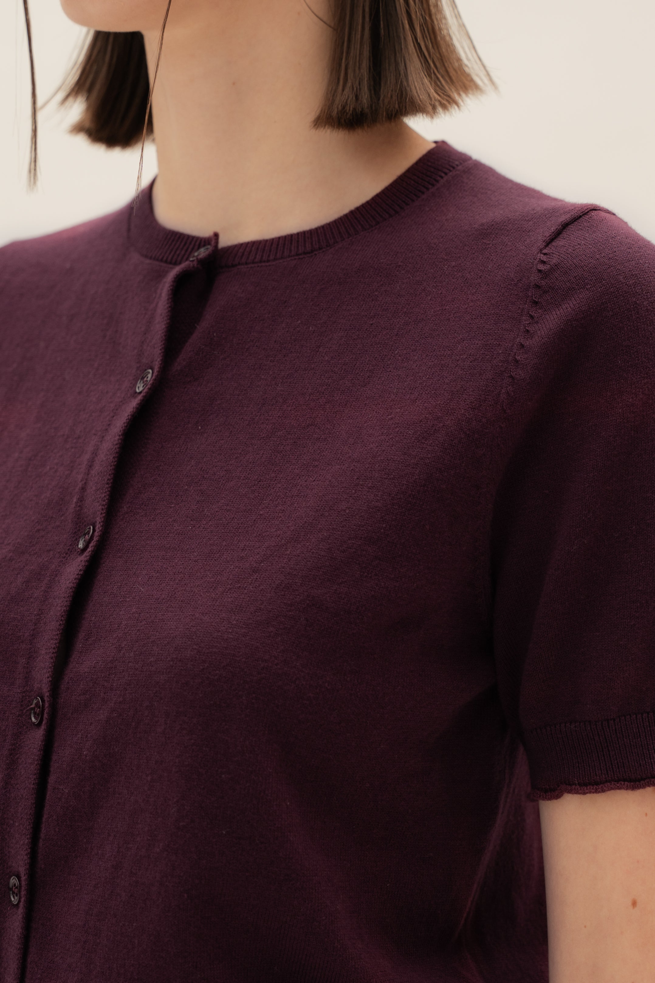 Short Sleeve Button Up Cardigan in Mulberry