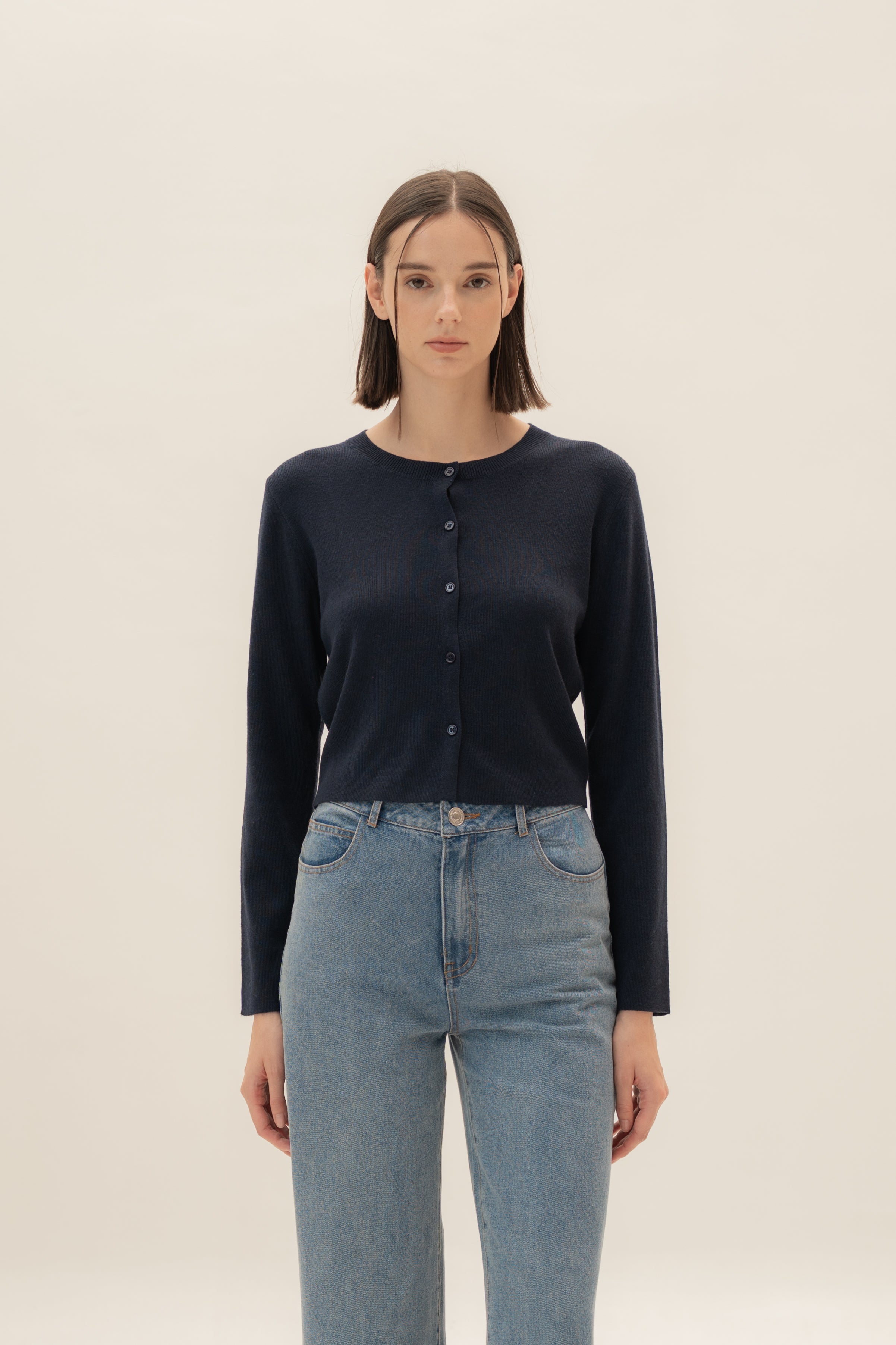 Round-Neck Knitted Cardigan in Midnight