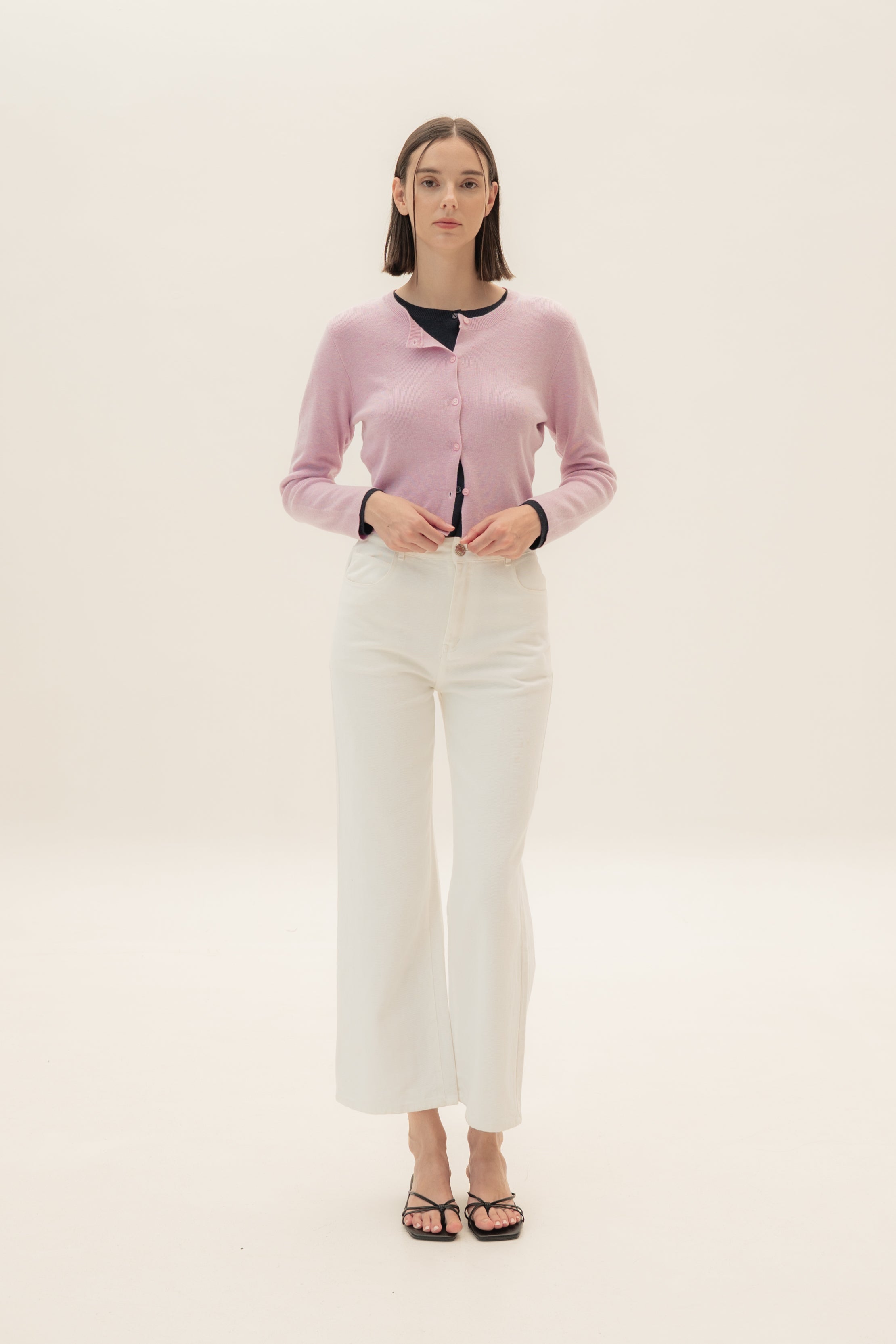 Round-Neck Knitted Cardigan in Heather Pink