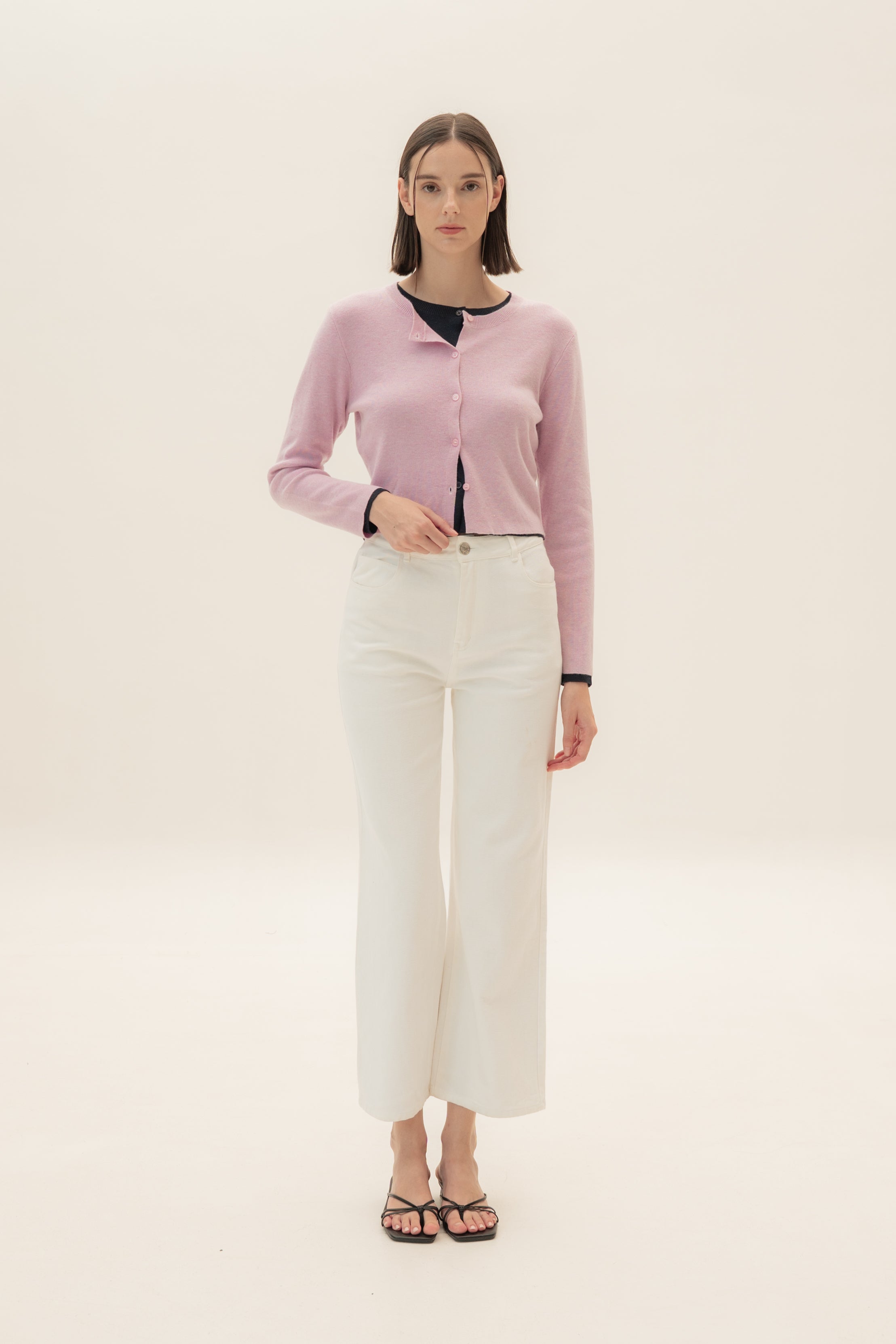 Round-Neck Knitted Cardigan in Heather Pink
