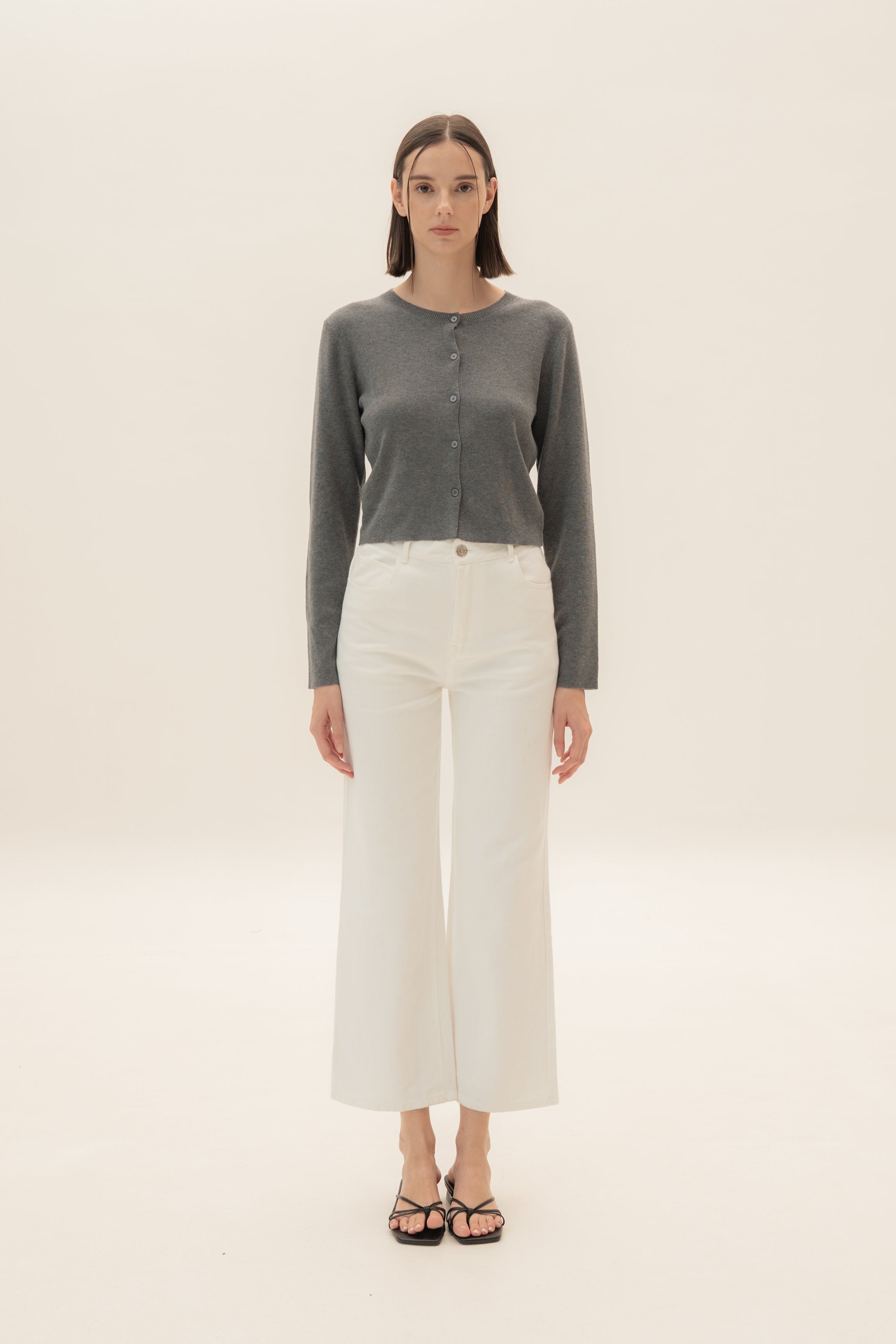 Round-Neck Knitted Cardigan in Stone Grey