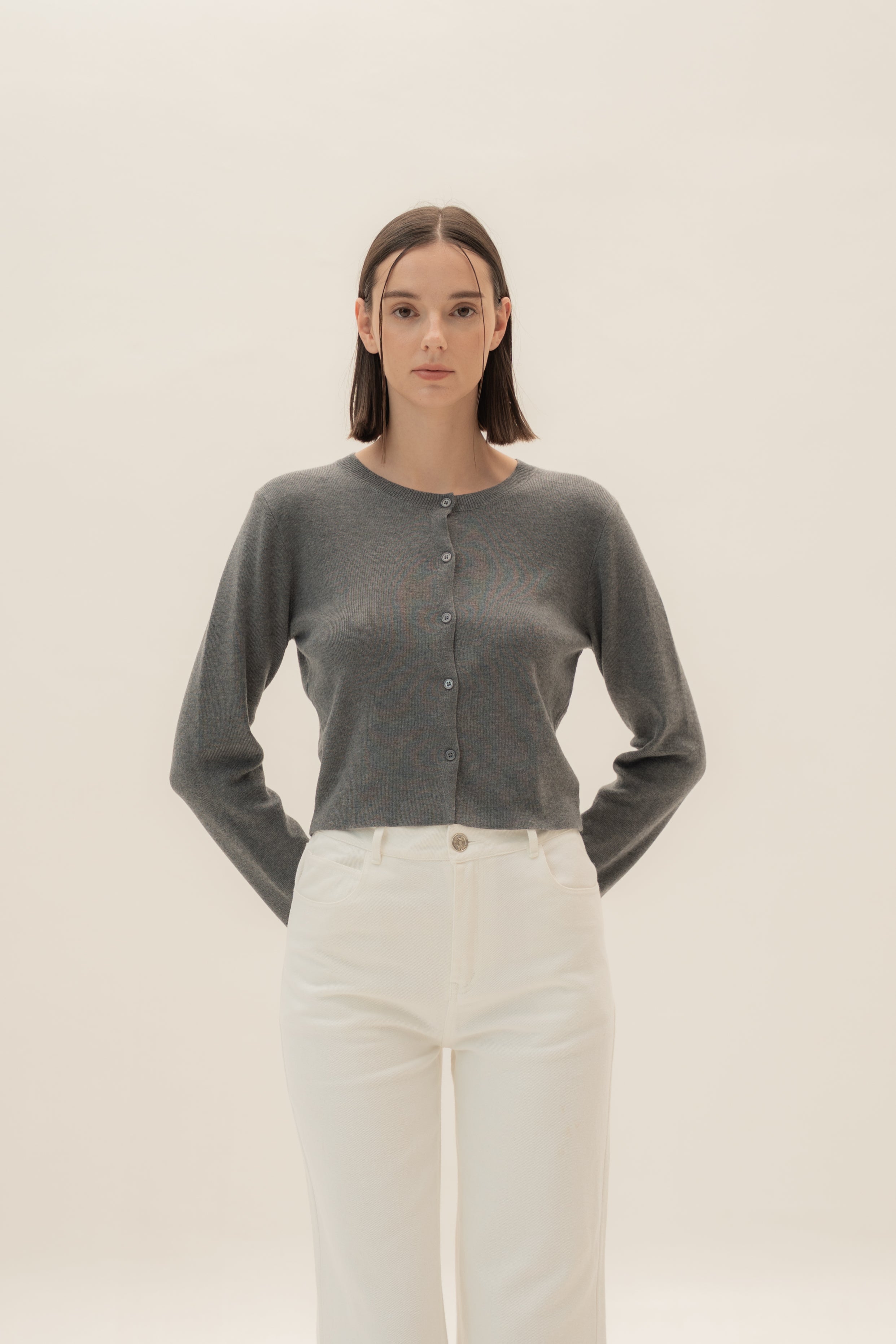 Round-Neck Knitted Cardigan in Stone Grey