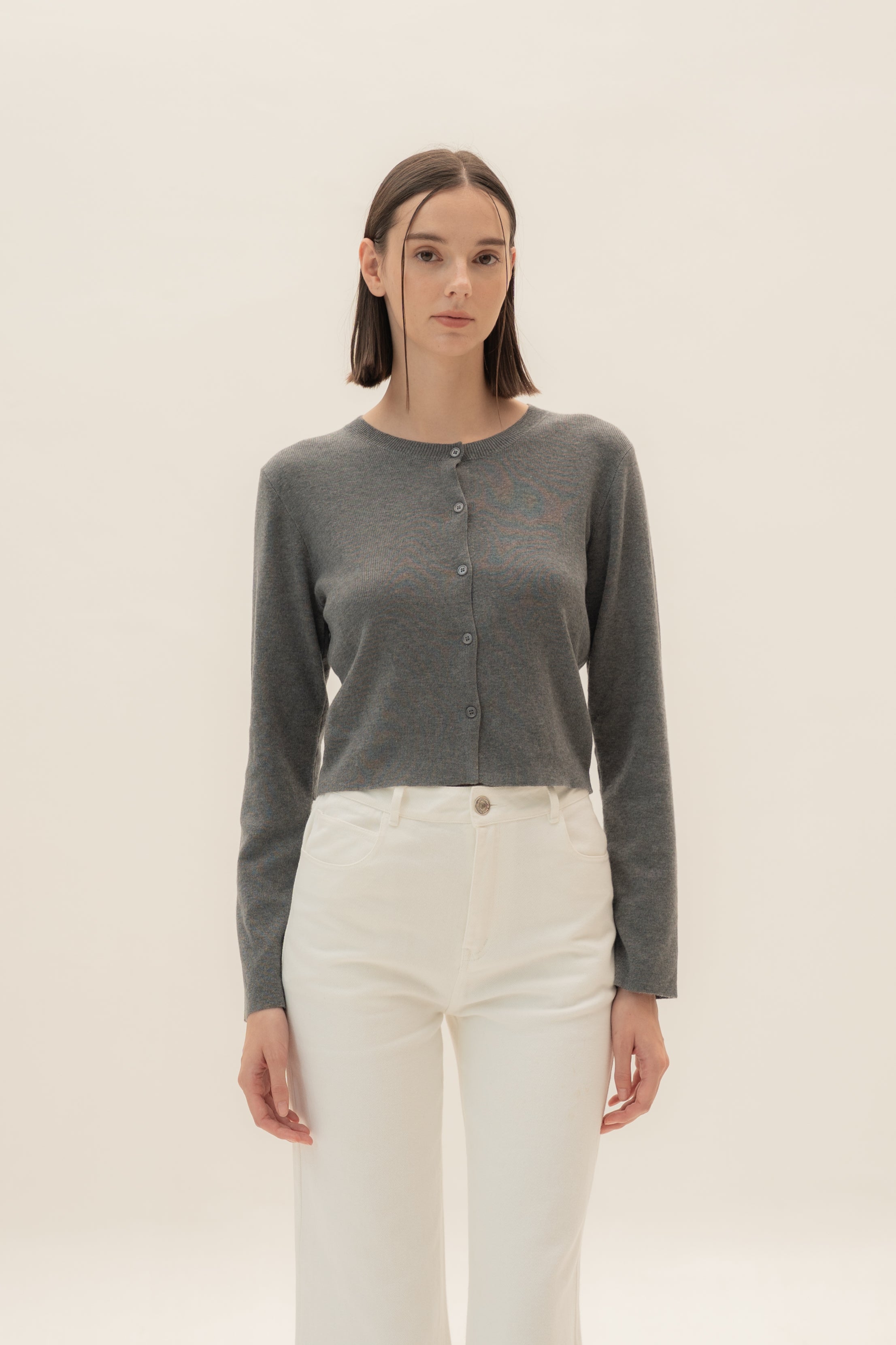 Round-Neck Knitted Cardigan in Stone Grey