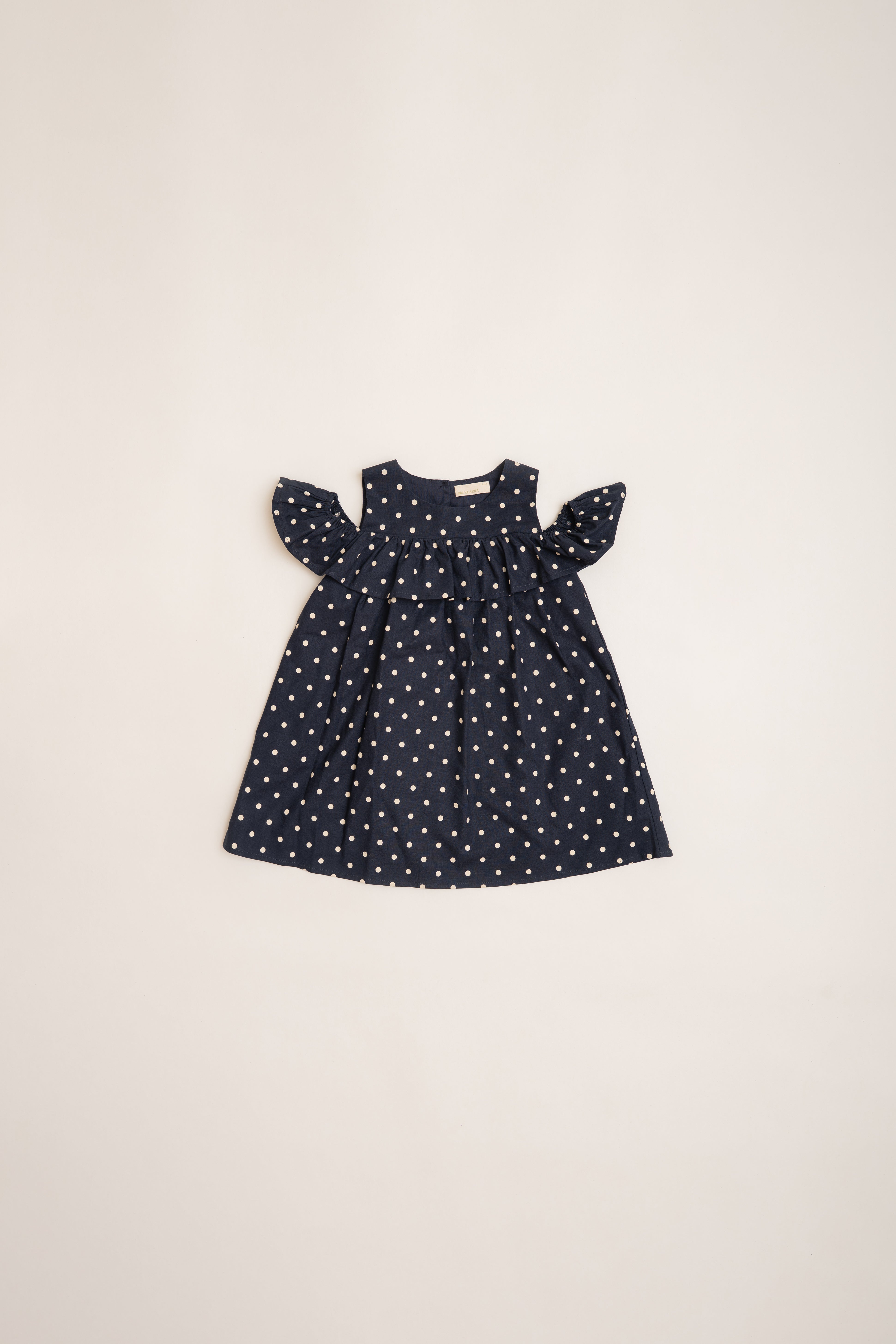 Mini Gathered Dress With Shoulder Detailing in Polka Dot Navy