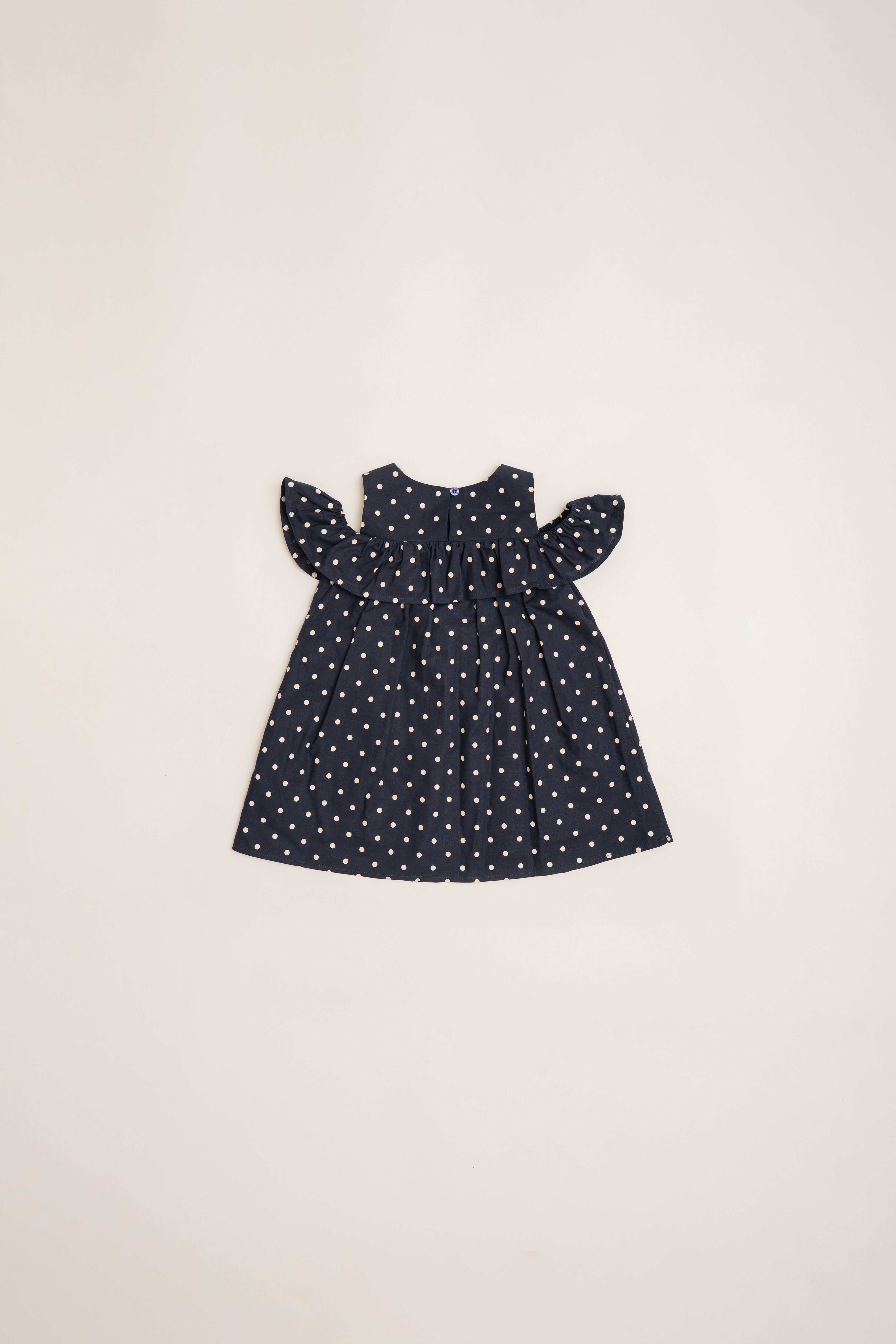 Mini Gathered Dress With Shoulder Detailing in Polka Dot Navy