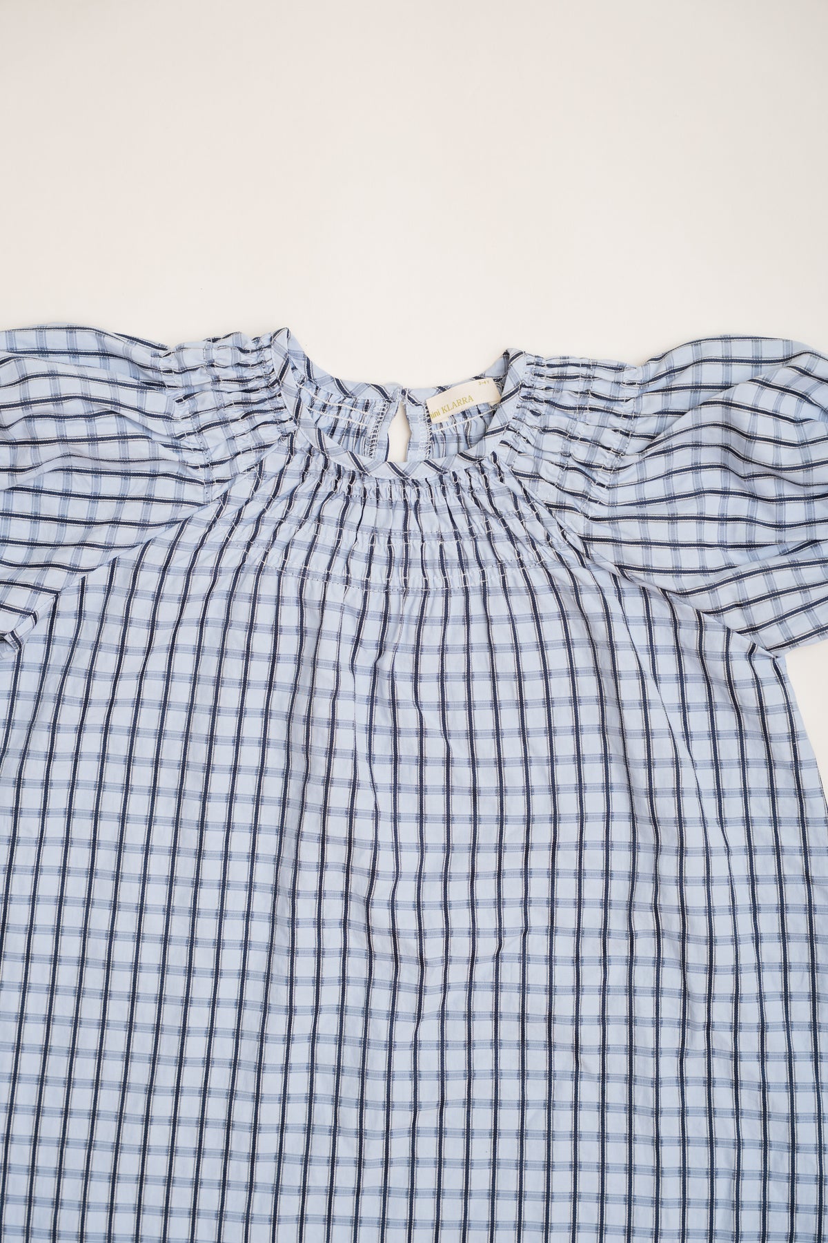 Mini Puffed Sleeve Shirred Neckline Dress in Ocean Blue Gingham