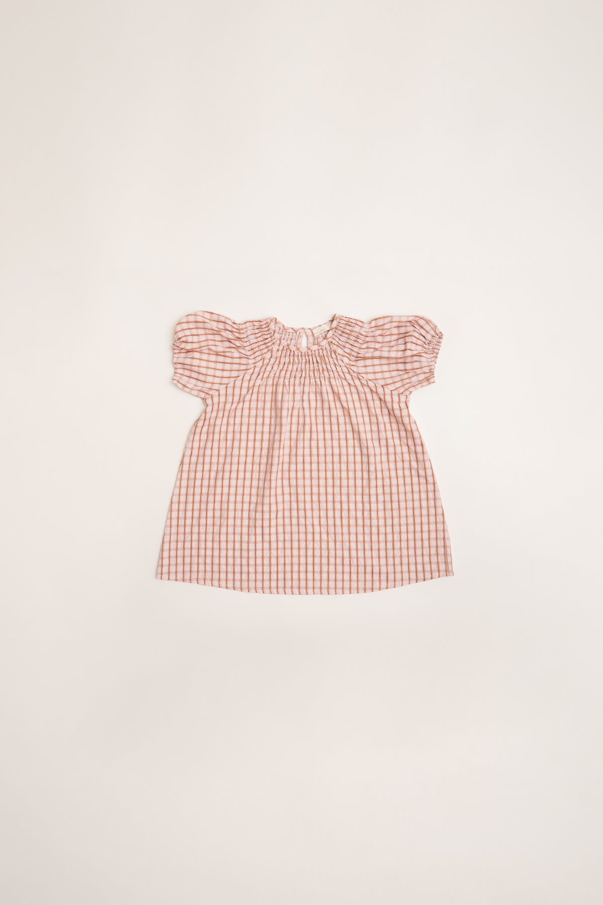 Mini Puffed Sleeve Shirred Neckline Dress in Rosewood Gingham