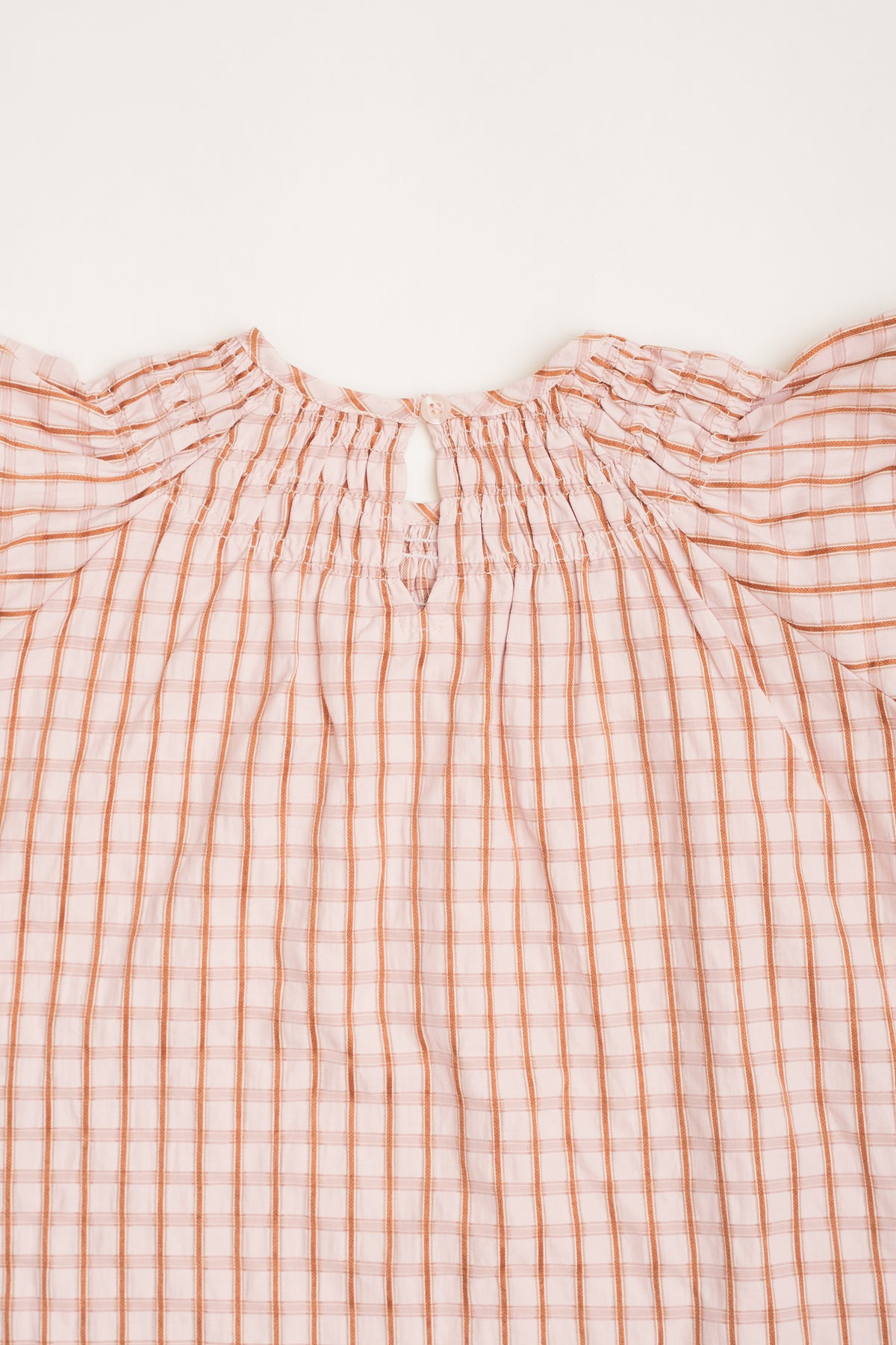 Mini Puffed Sleeve Shirred Neckline Dress in Rosewood Gingham